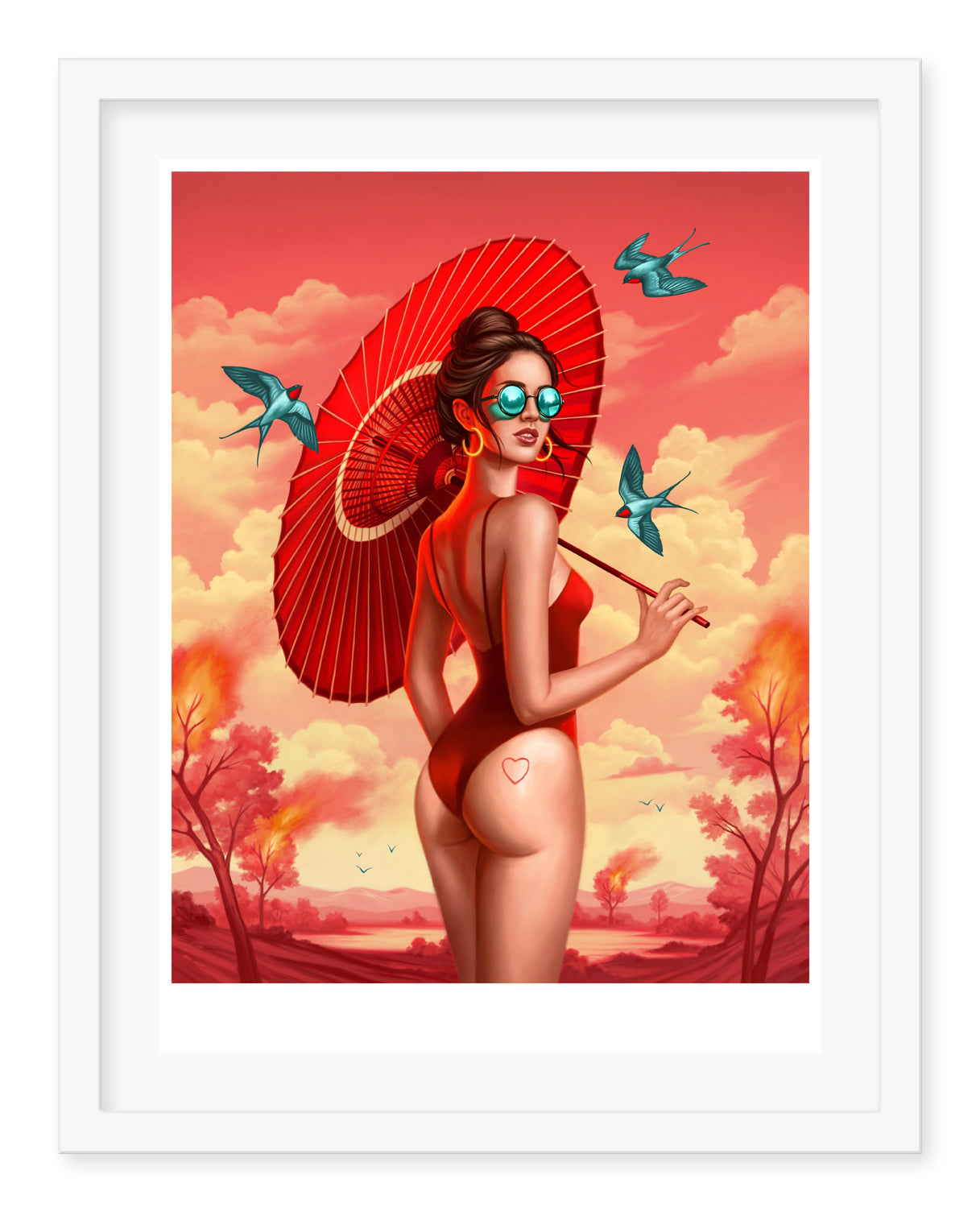 In a surreal Malibu scene, a woman in red swimwear and sunglasses holds a matching parasol under orange skies. Birds fly around as she stands near distant trees, her lower back adorned with a small heart tattoo. Evoking the dreamlike quality of an Allison Reimold Malibu archival pigment print.