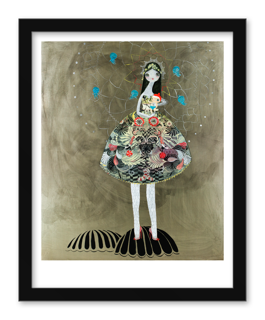 The Mamma Fine Art Giclee Print by Kelly Tunstall features a girl in a floral dress holding a bird amidst a web-like design with blue butterflies, elegantly enclosed in a black frame.