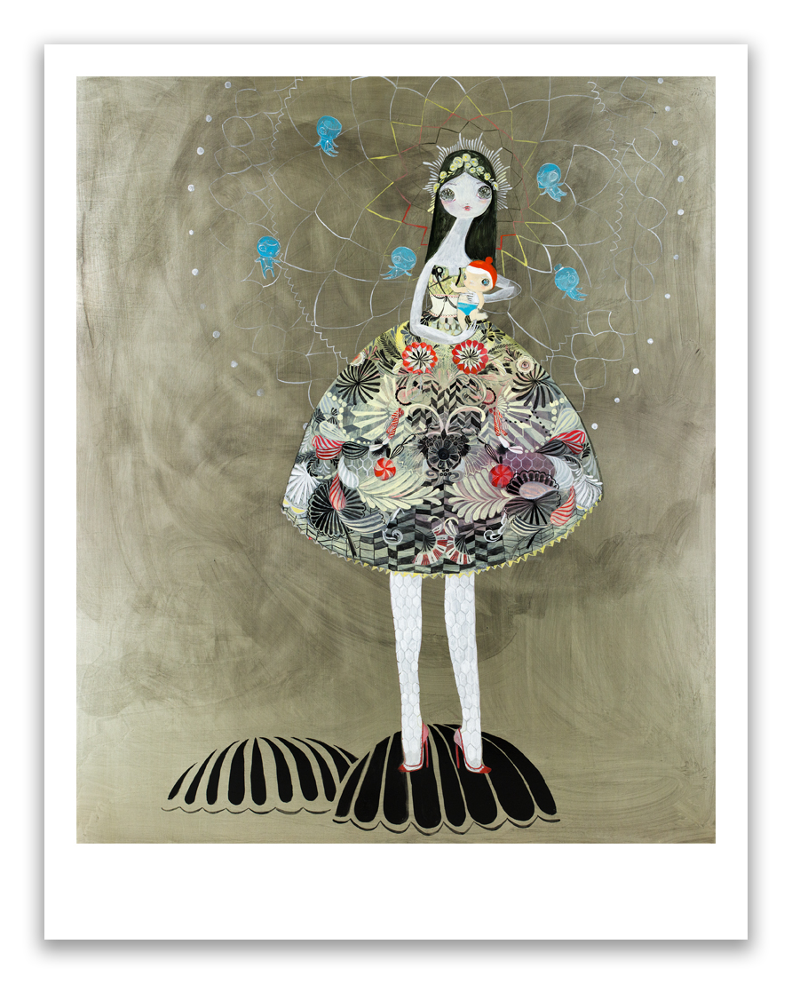 A woman in a patterned dress stands on black shapes, holding a small lion. Her dress, echoing Kelly Tunstalls Mamma Fine Art Giclee Print, showcases floral designs. Blue jellyfish drift around her amidst a textured gray backdrop.
