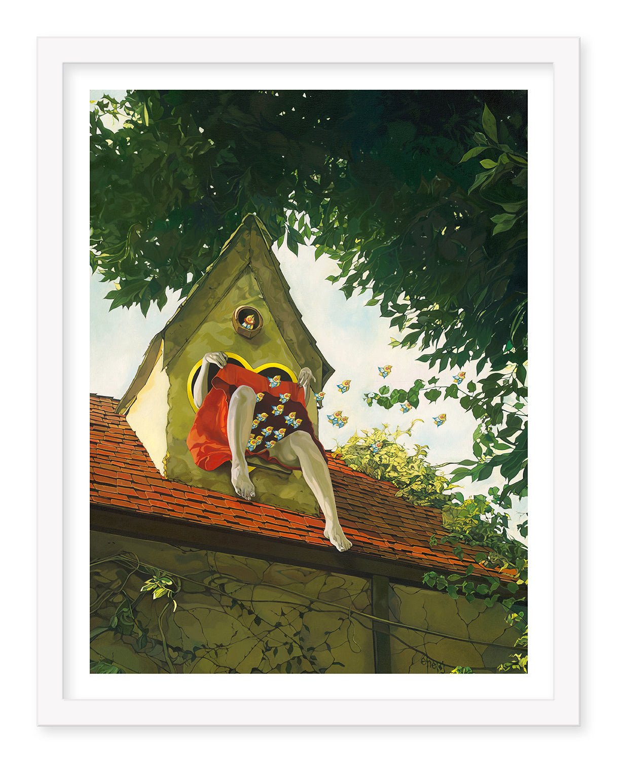 In Jolene Lais Migration, a woman in a red dress sits atop a gabled roof surrounded by greenery and butterflies. Her legs dangle over the edge, and a yellow circle frames her head against the bright sky.