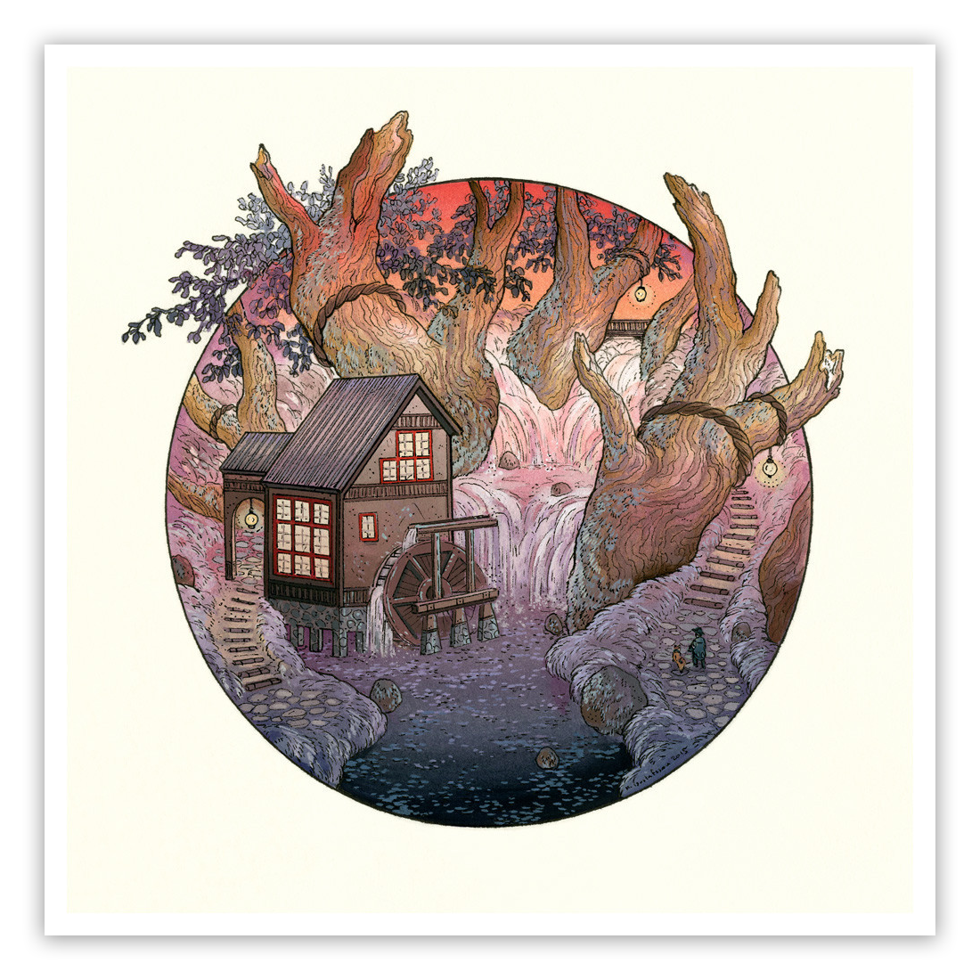 Nicole Gustafssons Sunset At The Mill is a whimsical fine art giclee print depicting a wooden watermill with a waterwheel beside a stream, stone stairs, and twisting trees. The scene features vibrant reds and oranges in the sky within a circular frame.