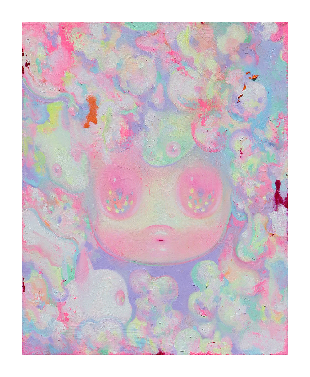 So Youn Lees Mist is a captivating archival pigment print, featuring a pastel face with large eyes and a serene expression. Swirling cloud-like textures in pinks, purples, blues, and hints of orange enhance the abstract painting from an edition of 80.