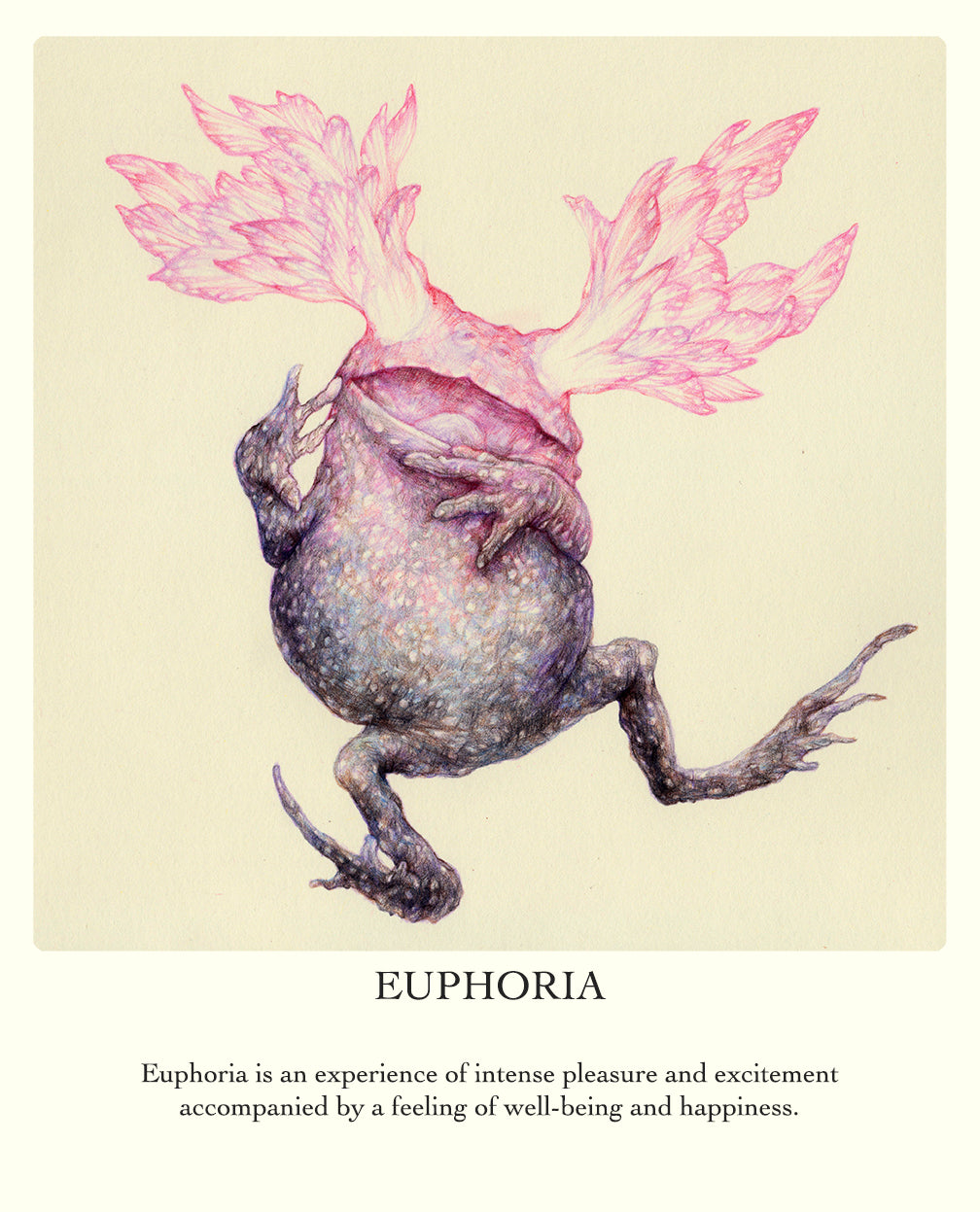 A fantastical creature with a bulbous body, clawed limbs, and vibrant pink leaf-like growths on its head comes to life in Marco Mazzonis archival pigment print Euphoria, radiating color through its speckled skin and embodying intense pleasure and happiness.