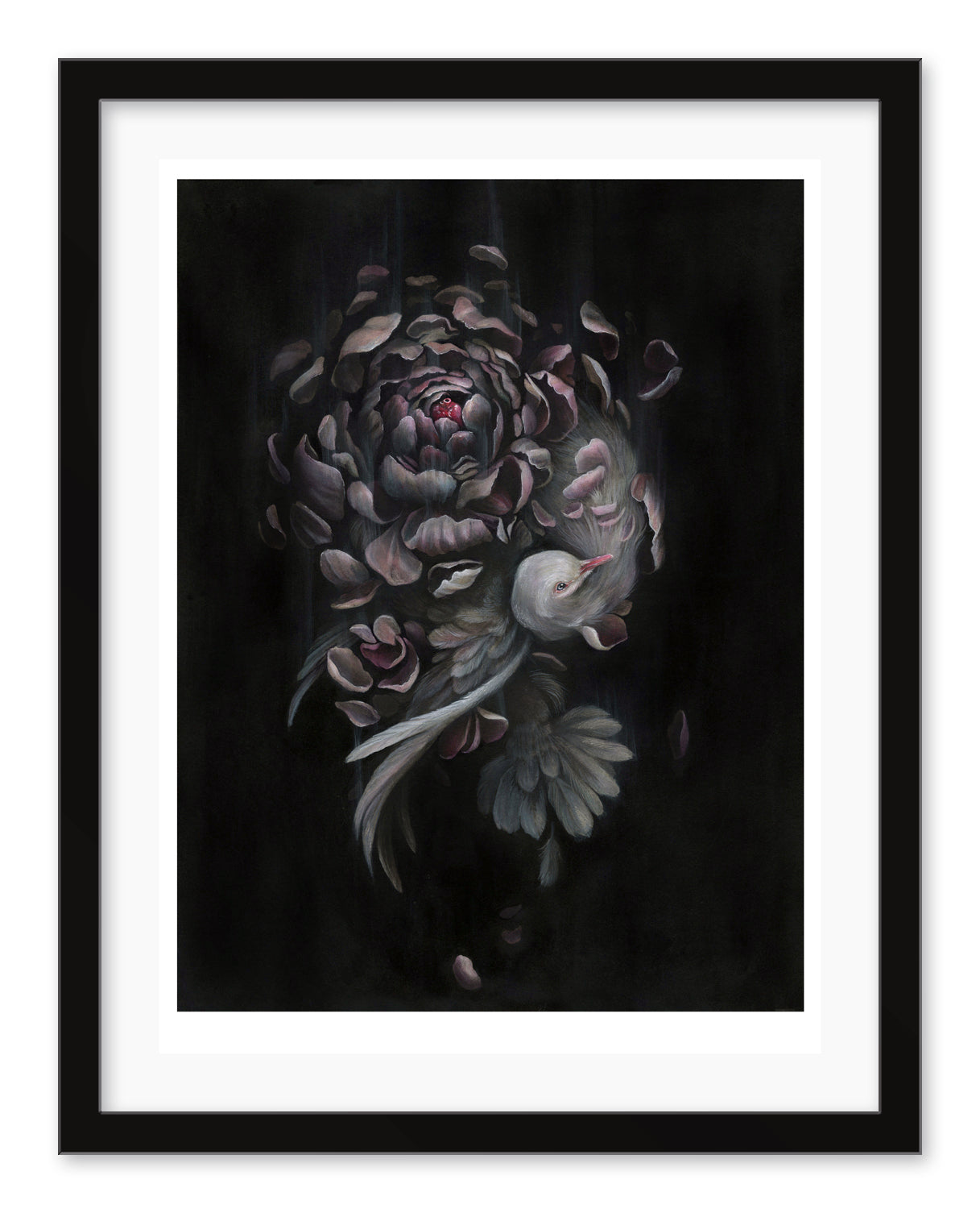The framed artwork Made By Surrender by Christina Mrozik is an archival pigment print showing a white bird amid cascading pink and white petals on a dark background, with a swirling pattern creating movement and depth.