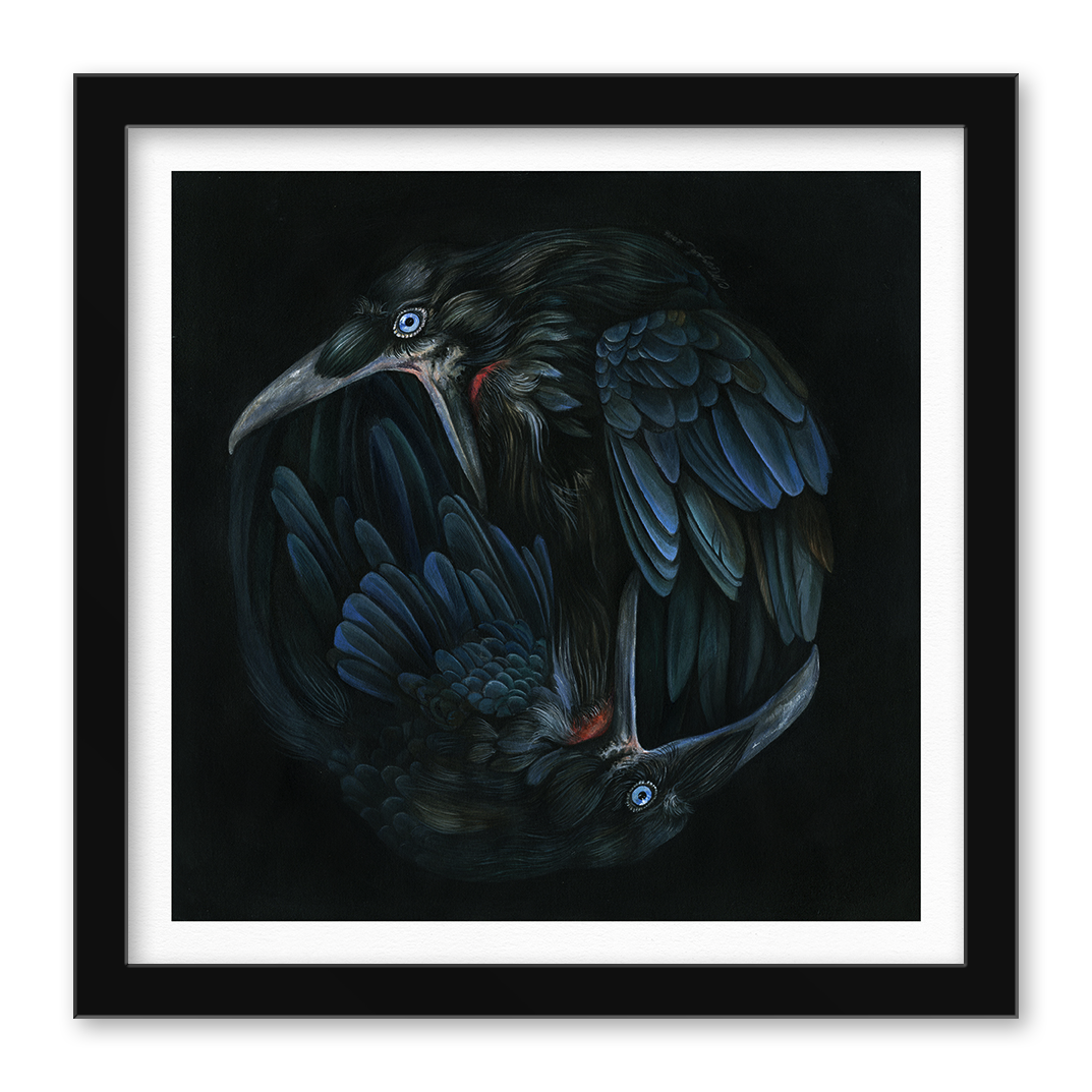 The limited edition framed artwork We Will Never Get To The Bottom Of It by Christina Mrozik features two stylized crows entwined in a circle. Their detailed black feathers and striking blue eyes are brought to life in vivid archival pigment print against a dark background.