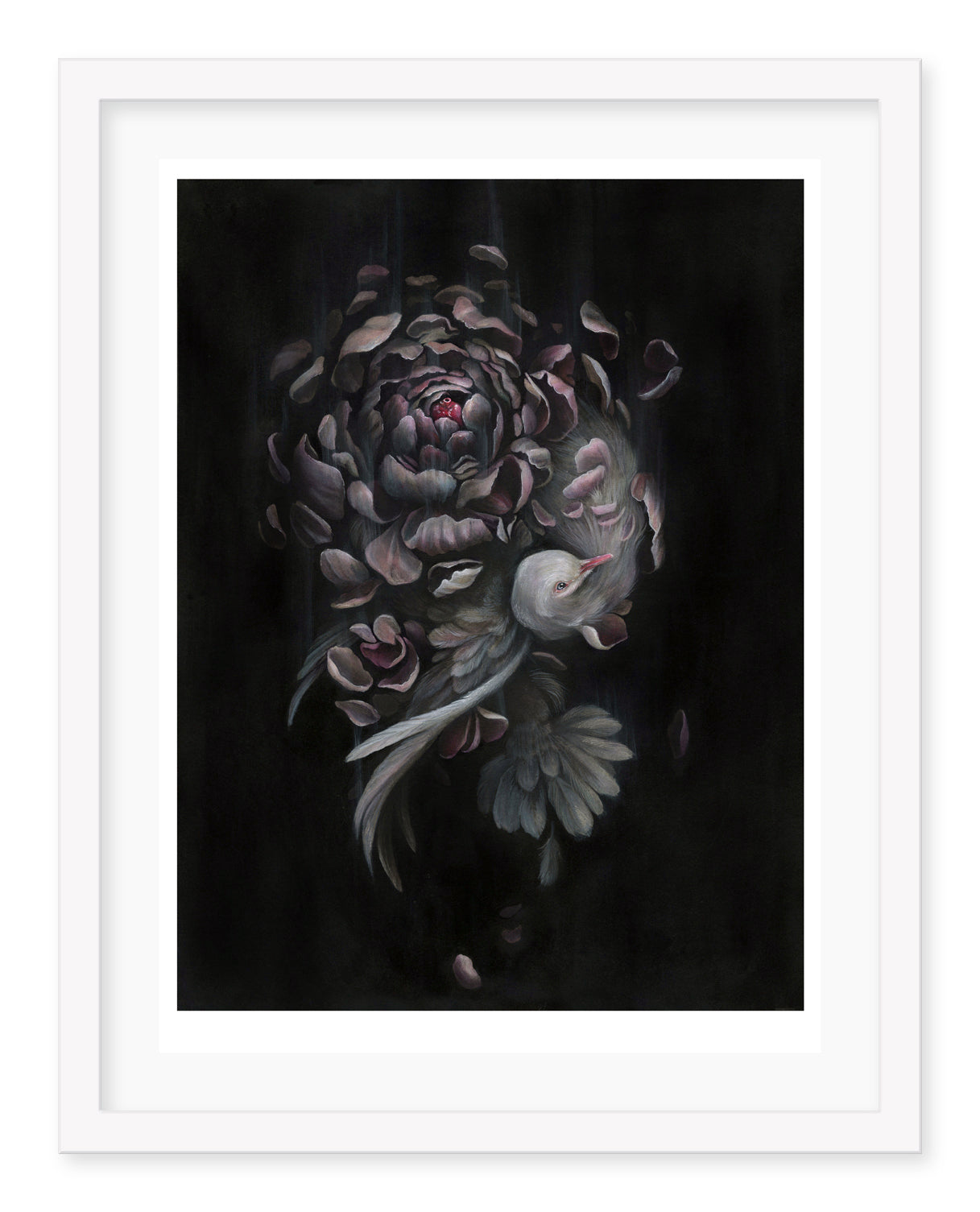 Made By Surrender by Christina Mrozik features a white bird soaring among swirling pink petals on a dark backdrop. The floral pattern adds motion and depth. Available as an Archival Pigment Print, its elegantly framed in white.