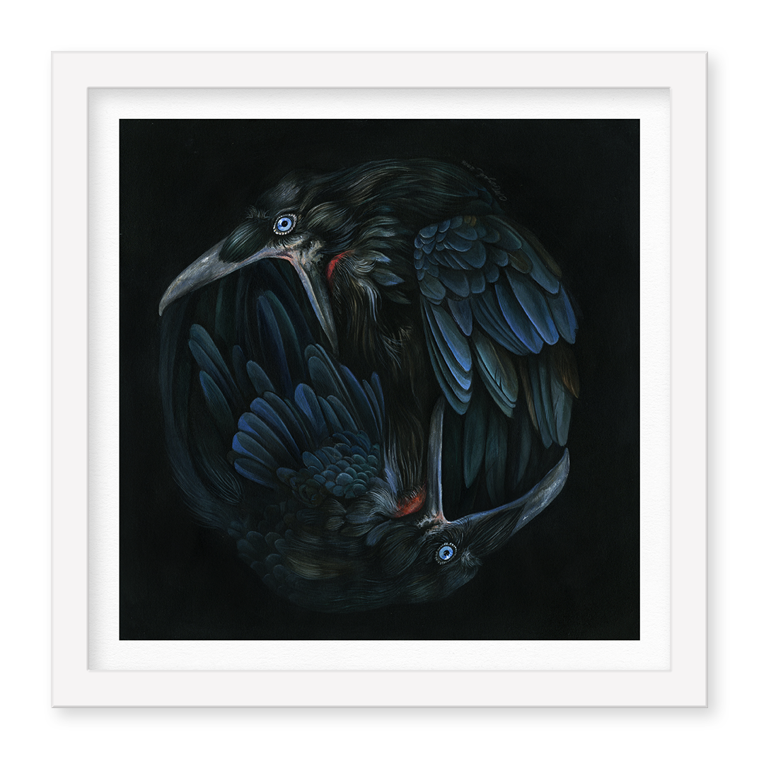 Two black crows with blue-tinted feathers intricately intertwine in a circular yin-yang formation against a dark background in Christina Mroziks We Will Never Get To The Bottom Of It. This piece, framed in white, is offered as a limited edition archival pigment print.