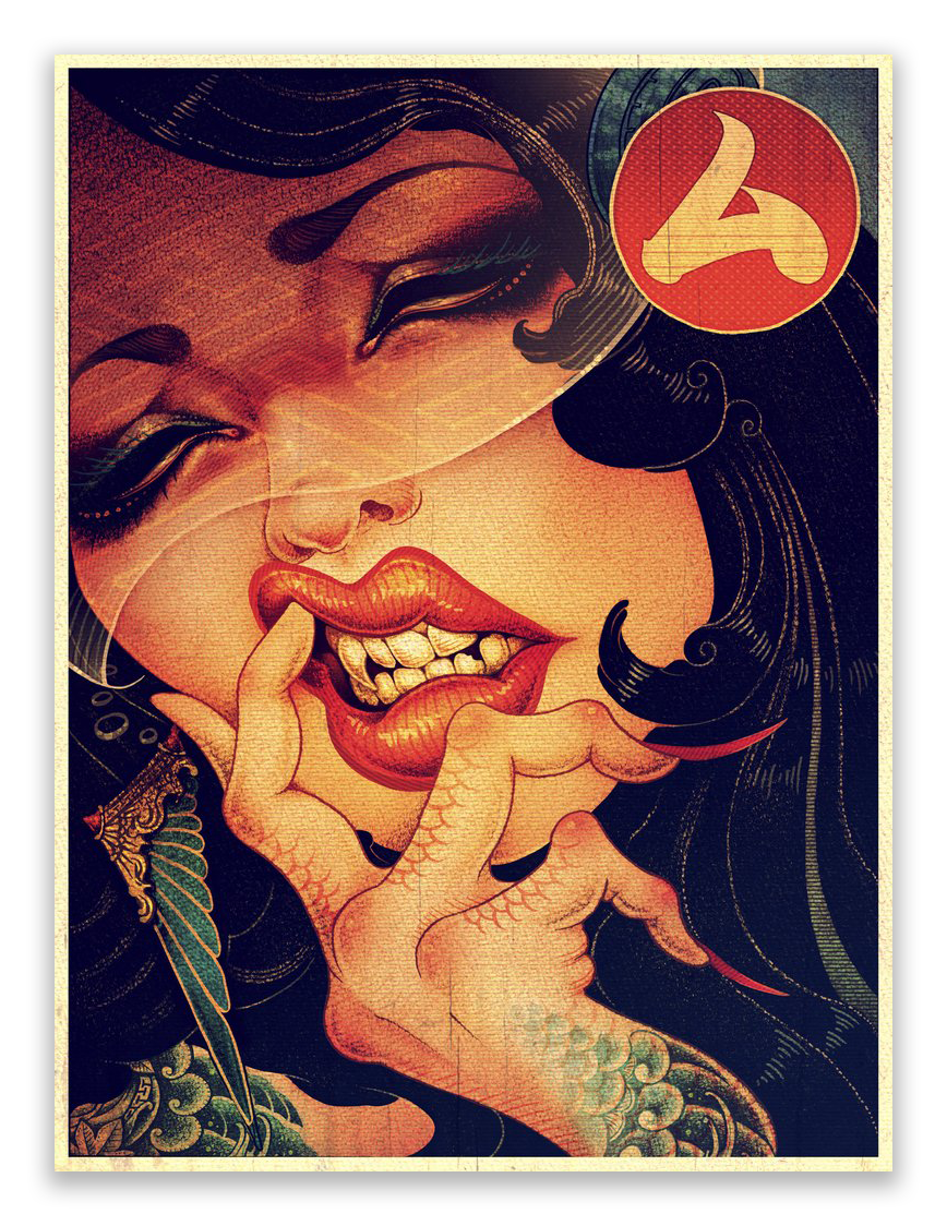 This 18 x 24 piece titled MU (Printers Proof) by ONEQ features a stylized illustration of a womans face with large eyes, red lips, sharp teeth, and scaly fingers near her mouth. A red circle with a white abstract symbol is in the top right corner. It is hand-numbered from the Printers Proof Edition.