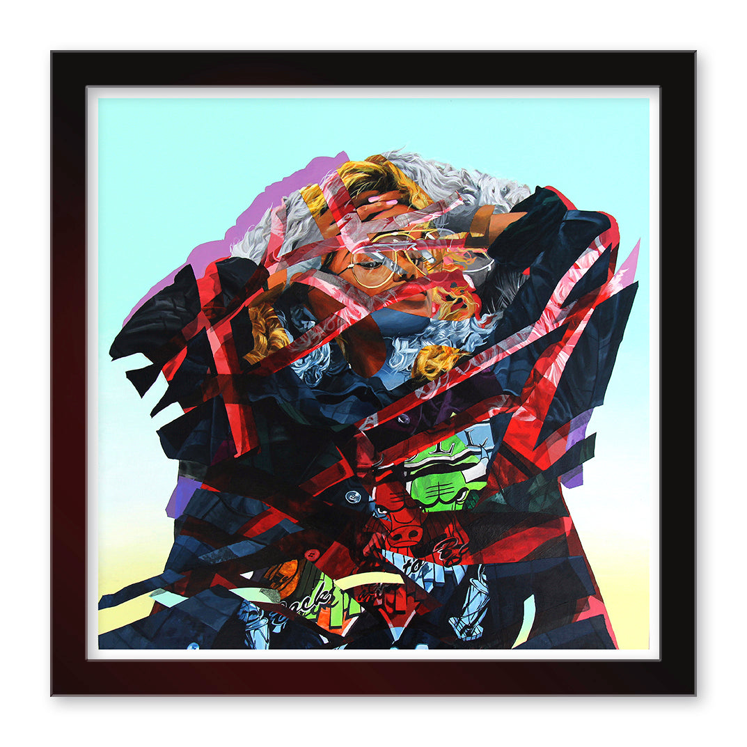 Inner Being, a vibrant abstract portrait by Mwanel Pierre-Louis, depicts a person with glasses and curly hair. Archival pigment print techniques enhance the multicolored geometric shapes, creating a fragmented effect against a light pastel background. It is framed in black.