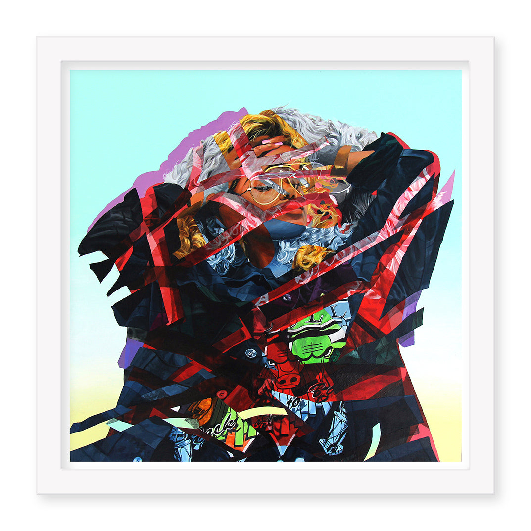 The Inner Being by Mwanel Pierre-Louis is a vibrant, abstract portrait featuring a person with glasses and hands on their head. This dynamic Archival Pigment Print displays colorful geometric shapes on a bright turquoise background and is framed in white.