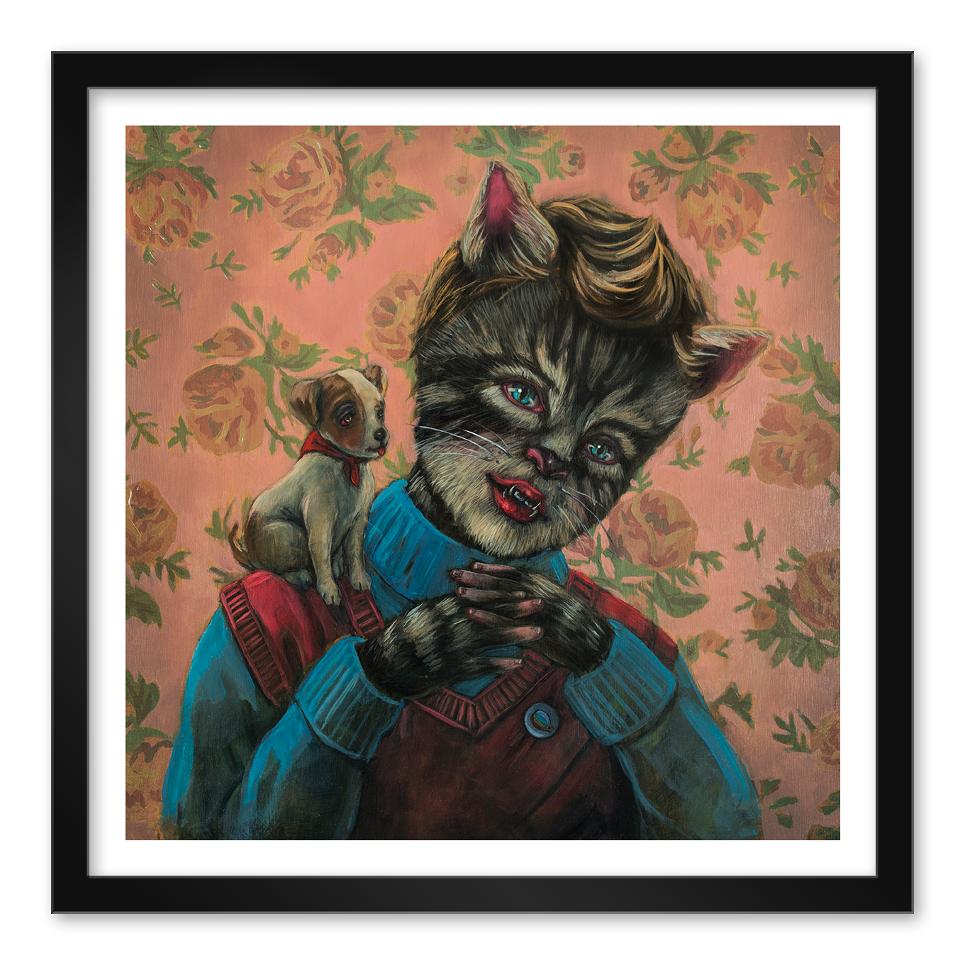 Pussboy" by Lori Nelson is an archival pigment print featuring the whimsical, anthropomorphic cat in a red sweater and blue turtleneck, hands clasped with a small dog on its shoulder, set against a pink floral background.