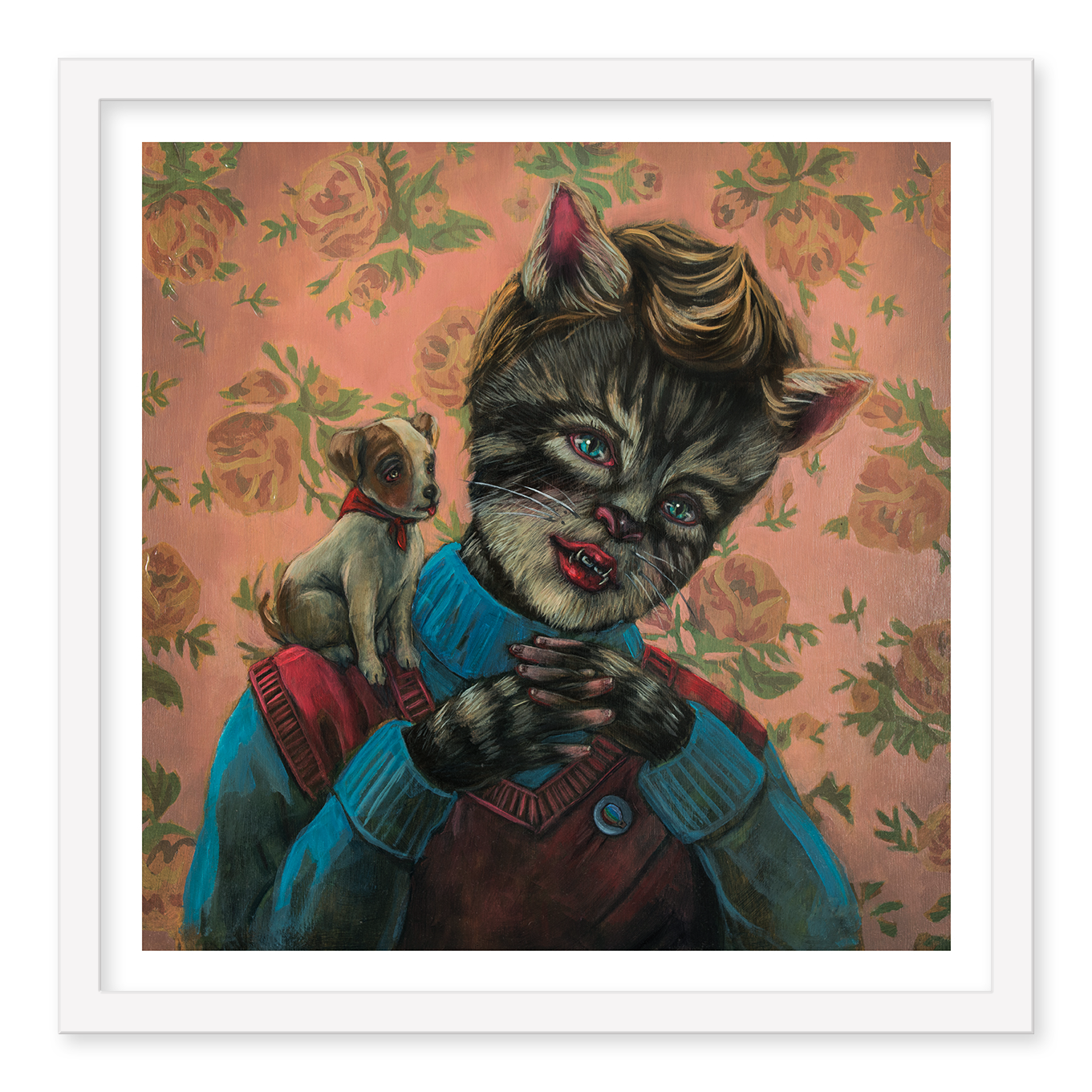 Pussboy" by Lori Nelson features an anthropomorphic cat in a blue turtleneck and red vest, hands together, with a small dog on its shoulder. Pink floral wallpaper completes this Archival Pigment Print.