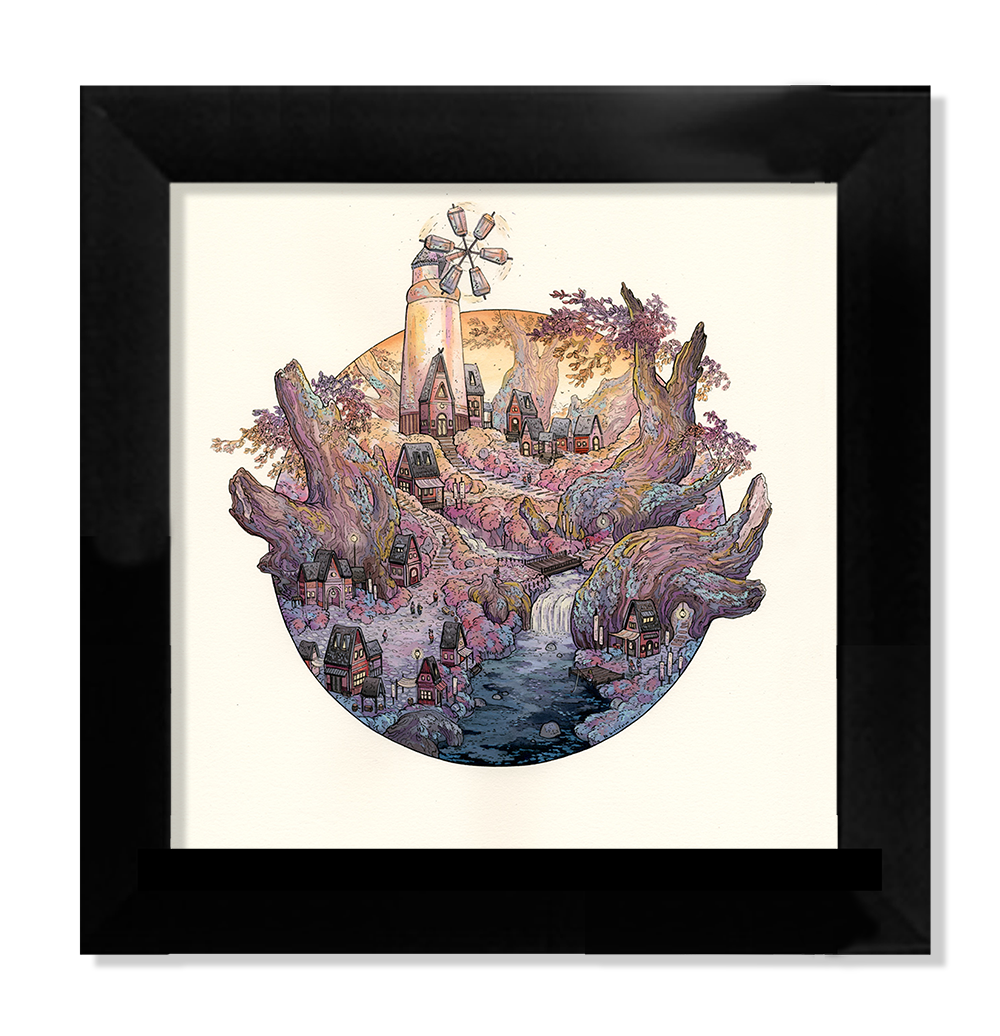 Windmill Root Village" by Nicole Gustafsson is a Fine Art Giclee Print featuring treehouse homes, a winding stream, and a windmill in a circular frame with purple and pink foliage, displayed in a black frame.