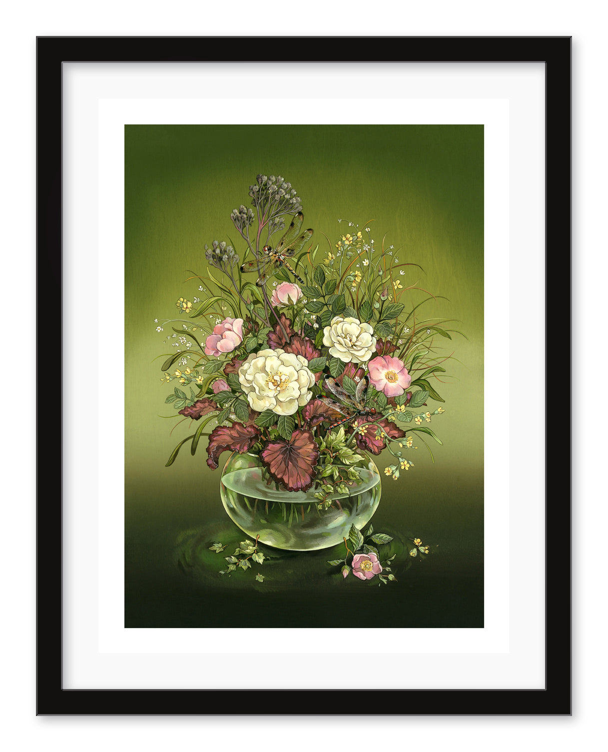 The Nicole Gustafsson Dragonflies & Wildflowers framed archival pigment print features a detailed floral painting. It depicts white and pink flowers, wildflowers, green leaves, and dragonfly accents in a glass vase against a gradient green backdrop.