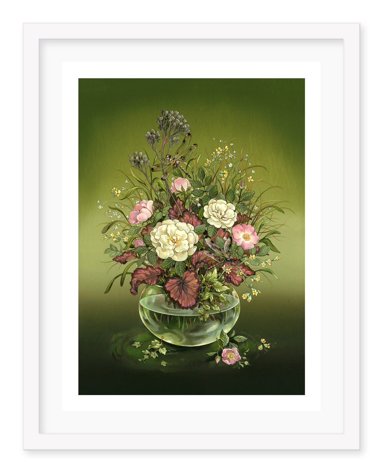 Dragonflies & Wildflowers by Nicole Gustafsson is a framed painting showcasing white and pink wildflowers with green leaves in a glass bowl against a gradient green background, with blooms extending beyond the bowl accented by delicate dragonflies.