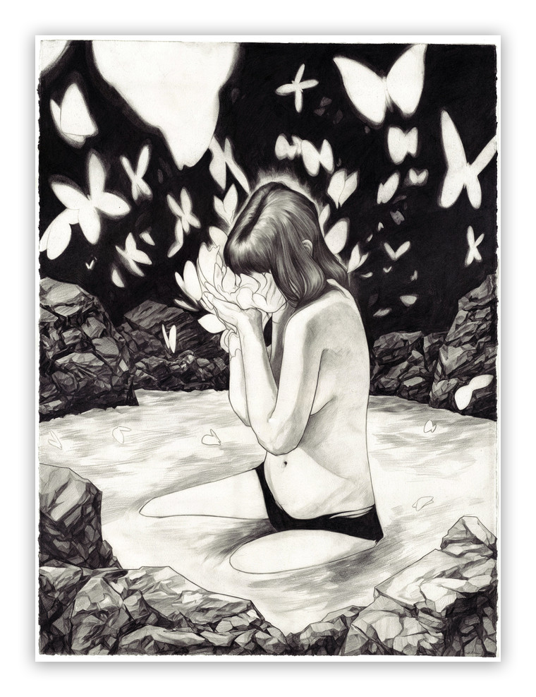 In Transitions by Nimit Malavia, a person kneels in water, hiding their face amidst rocks and butterflies. Featuring a monochrome, sketch-like style with bold contrasts, this artwork is available as a signed and numbered fine art giclee print.