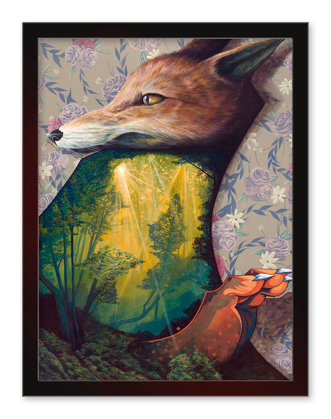 Interlude by Nosego is a surreal Archival Pigment Print depicting a foxs head merged with a forest scene. Light streams through trees, framed by floral patterns and colorful abstract details. Each piece is signed and numbered by the artist.