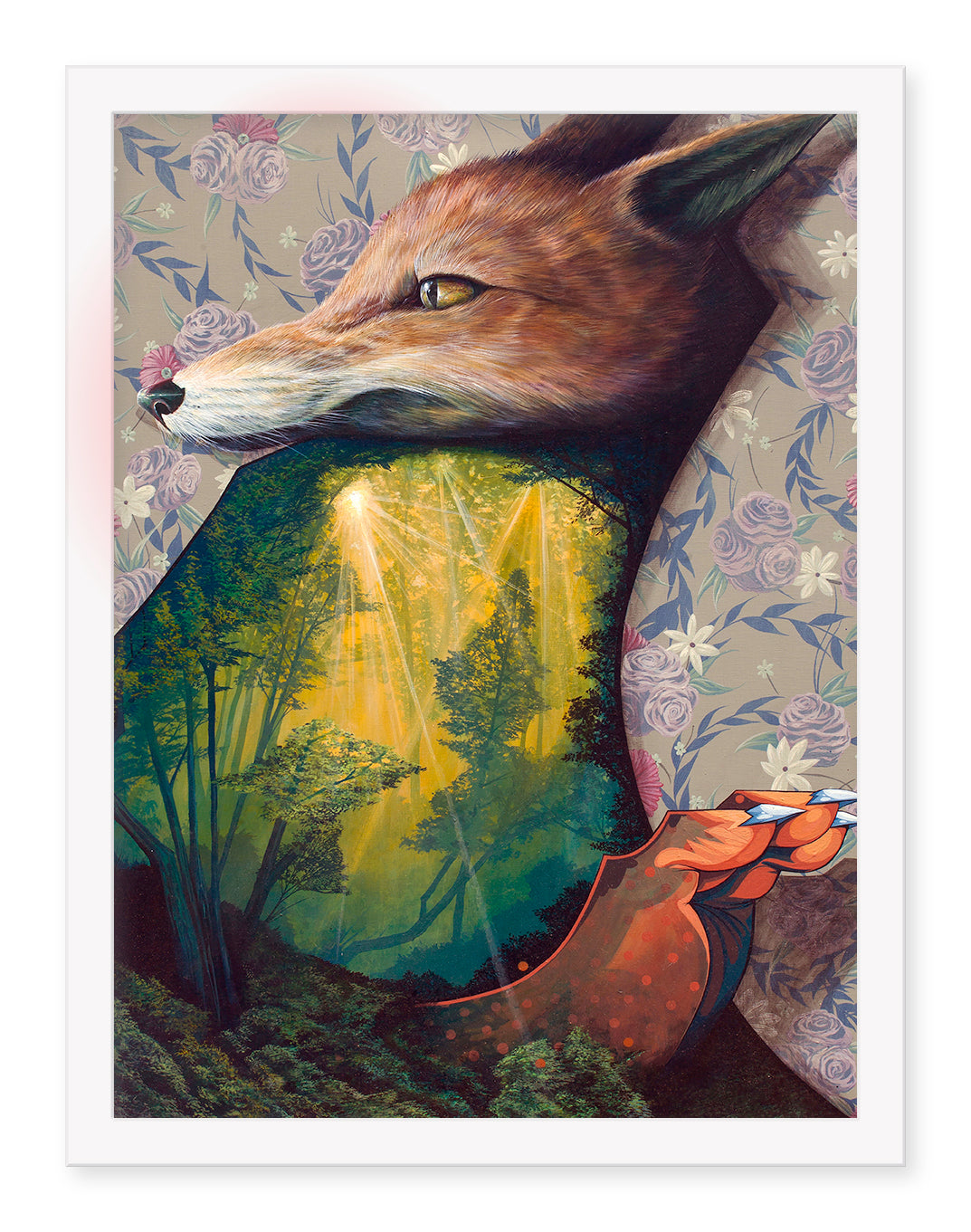 Interlude by Nosego is a signed and numbered archival pigment print that features a vibrant foxs head blending into a forest. Sunlight filters through trees, creating a mystical atmosphere enhanced by whimsical floral patterns.