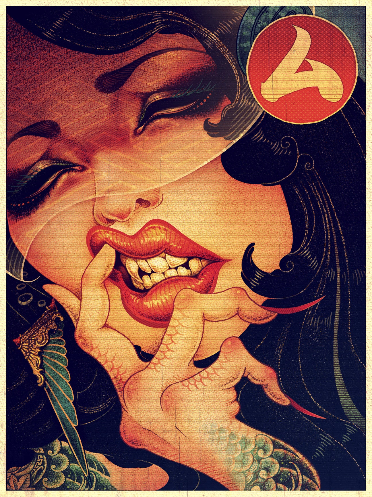The MU fine art print by ONEQ features a stylized woman with dark hair and vivid makeup biting her finger. Her closed eyes reveal long lashes against a red circular backdrop. The textured skin gives a scaled effect. Each hand-numbered print is part of a limited edition series.