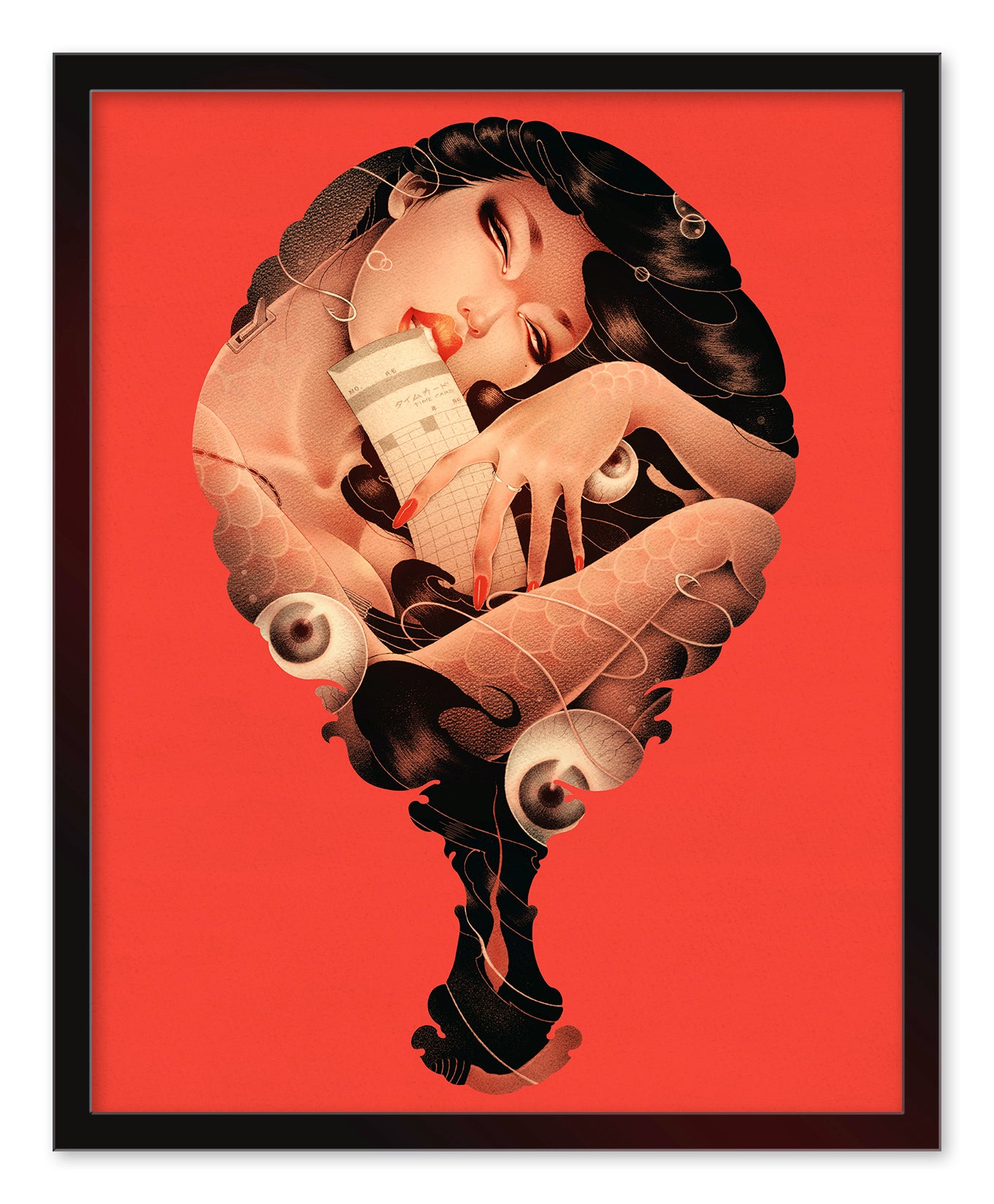 ONEQs Part-Time Mermaid archival pigment print showcases a serene woman with stylized hair and closed eyes drinking from a straw, seamlessly blending into abstract shapes on a bold red background, all set within a sleek black frame.