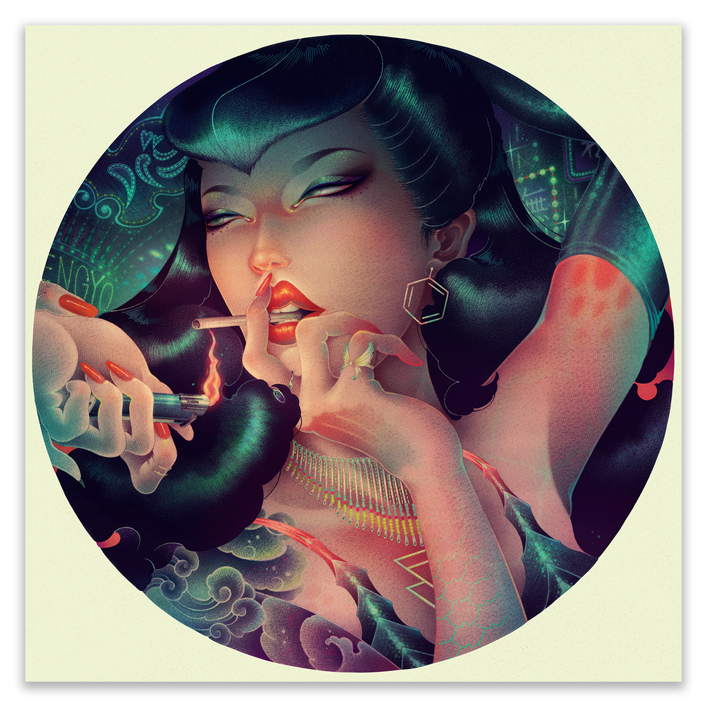 The Noctiluca printers proof by ONEQ is a stylized painting of a mysterious woman with long dark hair, holding a cigarette near her red lips and adorned with gold accessories, set against an abstract mix of dark and neon hues.