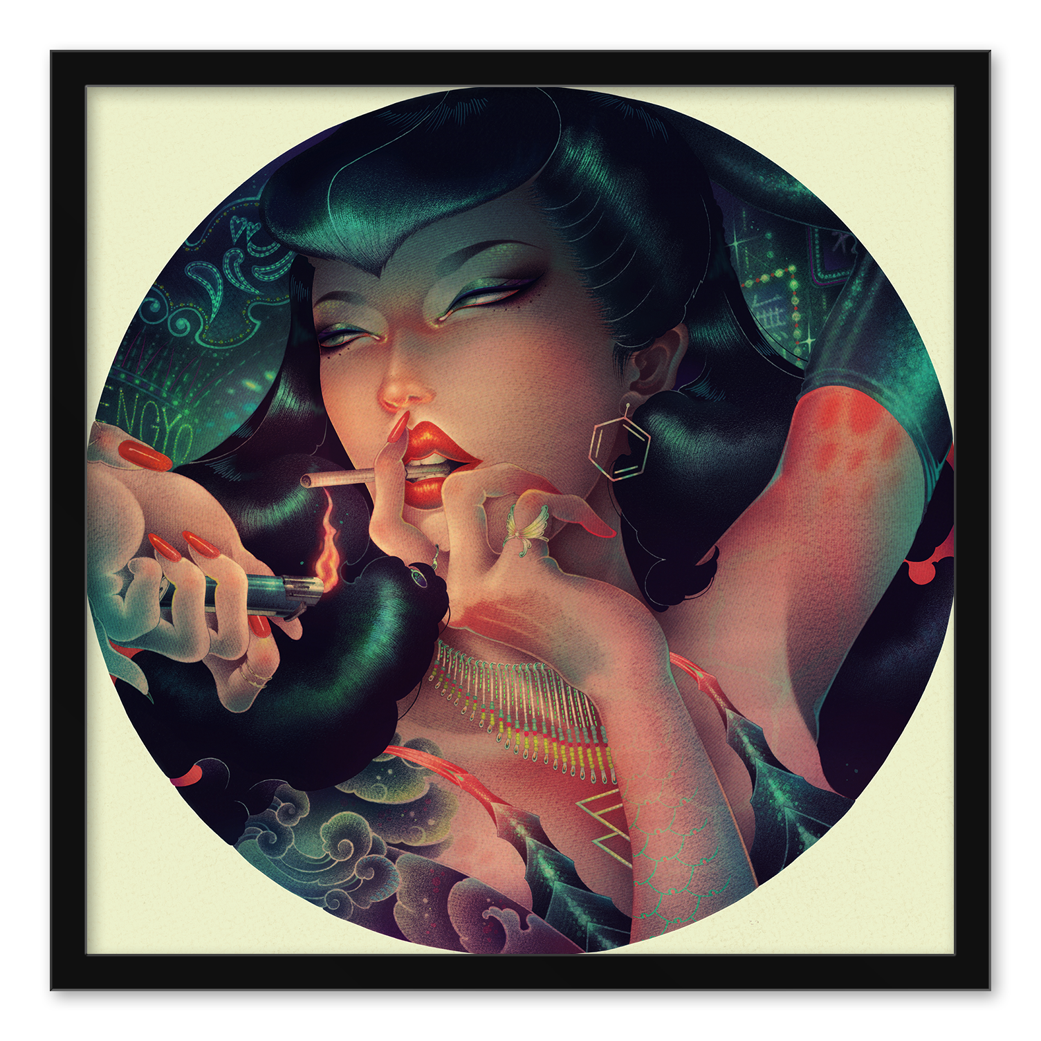The Noctiluca artwork by ONEQ features a woman with long dark hair holding a lit cigarette near her lips. Surrounded by abstract neon-green patterns and gold jewelry, her eyes are partially closed. Its part of an exclusive edition, framed in a circular motif using archival pigment inks.