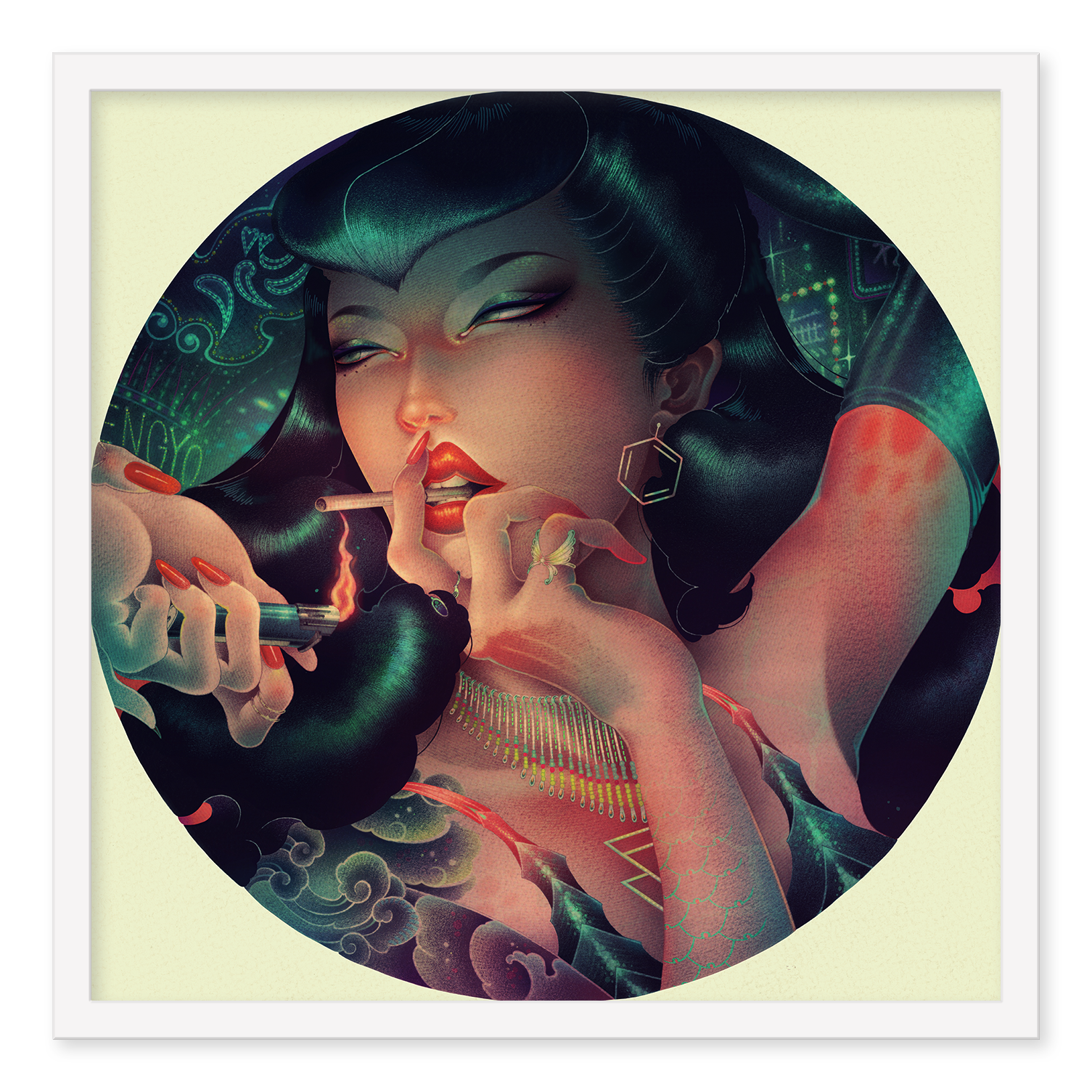 A stylized illustration titled Noctiluca by ONEQ showcases a woman with intricate dark hair lighting a cigarette, adorned in gold jewelry. Her serene expression amidst vivid colors and swirling patterns evokes vintage glamour. Printed in archival pigment inks, it captures timeless elegance.