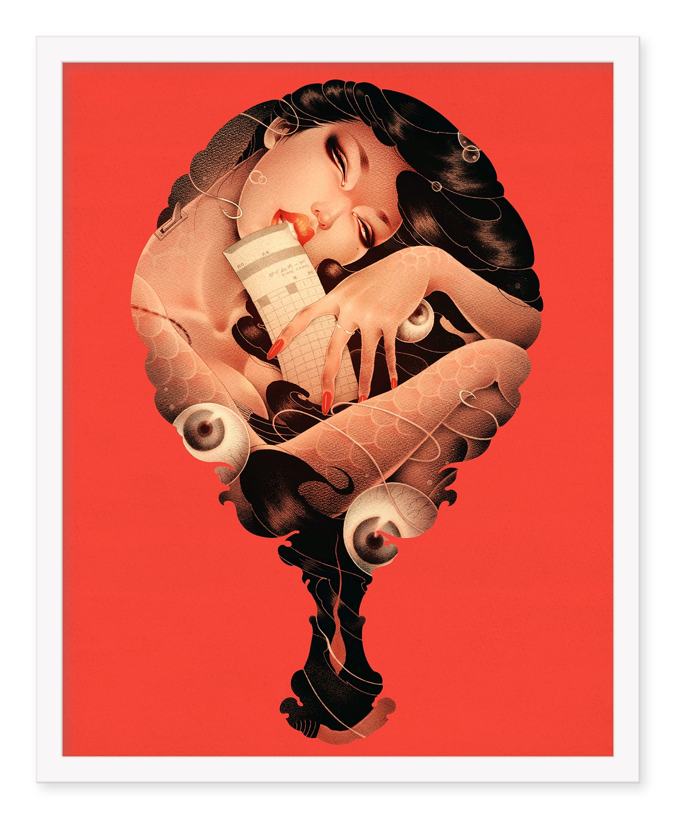 Part-Time Mermaid by ONEQ features an abstract illustration of a woman drinking through a straw, her hair and body merging into swirling patterns. Its bold red background contrasts with intricate details, presented as an Archival Pigment Print.