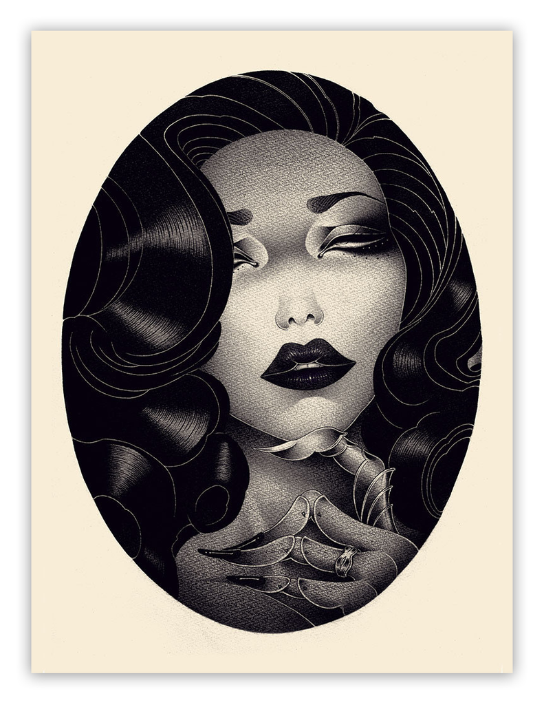 The ONEQ Waiting Printers Proof edition features a woman with flowing black hair in an oval frame, eyes closed and lips darkly shaded. A ring-adorned hand touches her neck, adding vintage glamour. Its hand-numbered for exclusivity and measures 18 x 24.
