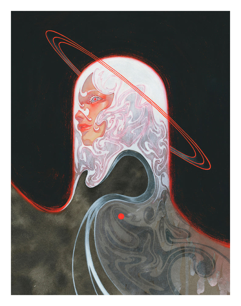 Meguri by Shoko Ishida is a surreal archival pigment print showcasing a person with wavy white hair, a halo-like red circle, and flowing garment against a dark backdrop. It highlights organic shapes and vibrant contrasts. Each piece is signed and numbered for authenticity.