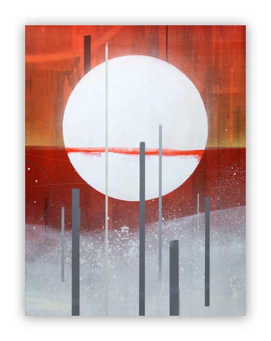 The What Shall Be Shall Be fine art giclee print by Erik Otto features a hand-embellished abstract design with a large white circle against a red-orange backdrop, plus vertical black and gray lines rising from a textured, speckled base.
