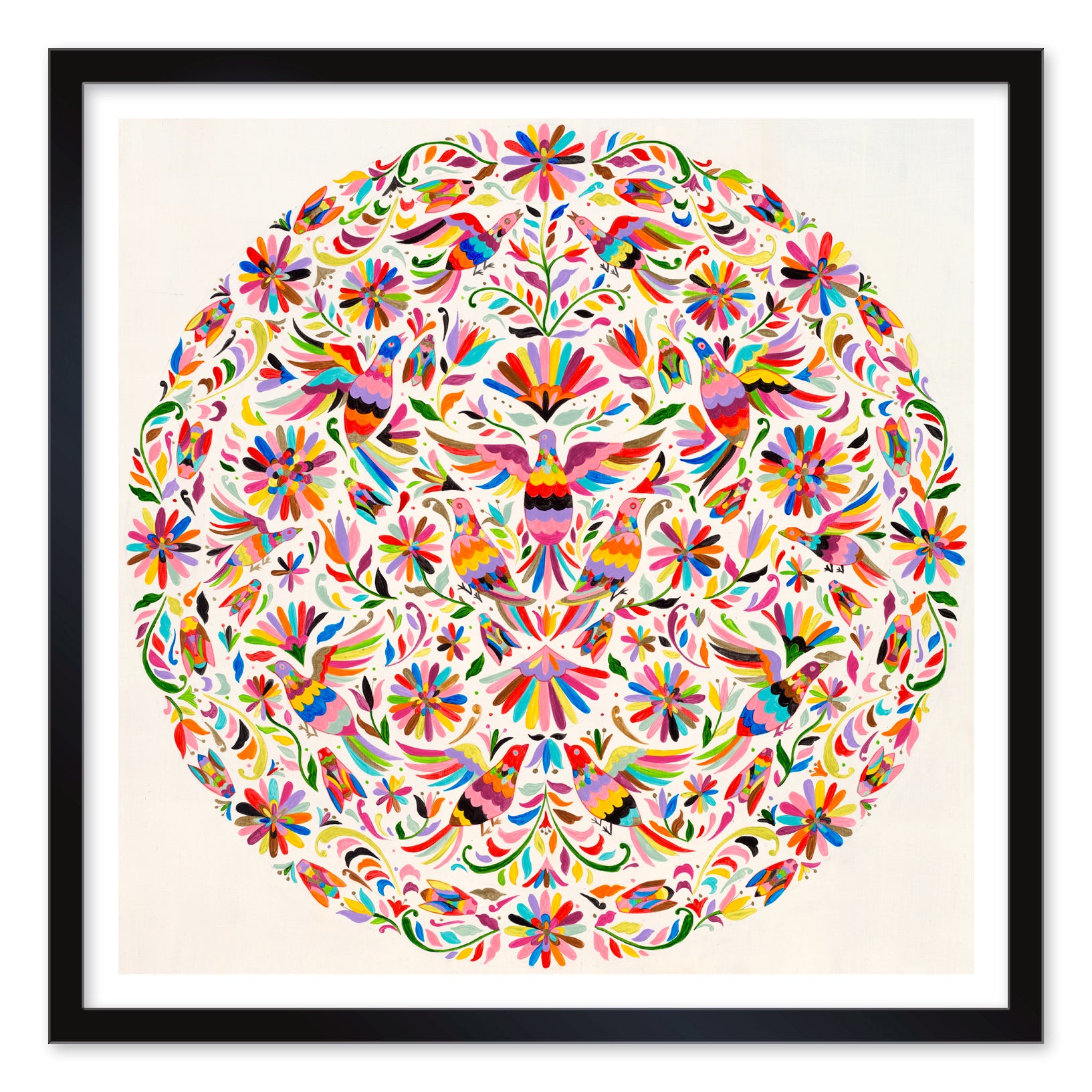 Pigeon Otomi" (Artist's Proof) by Sylvia Ji is a vibrant circular artwork with intricate, symmetrical flowers, leaves, and birds in rainbow colors on white, framed in black and printed on archival watercolor paper.