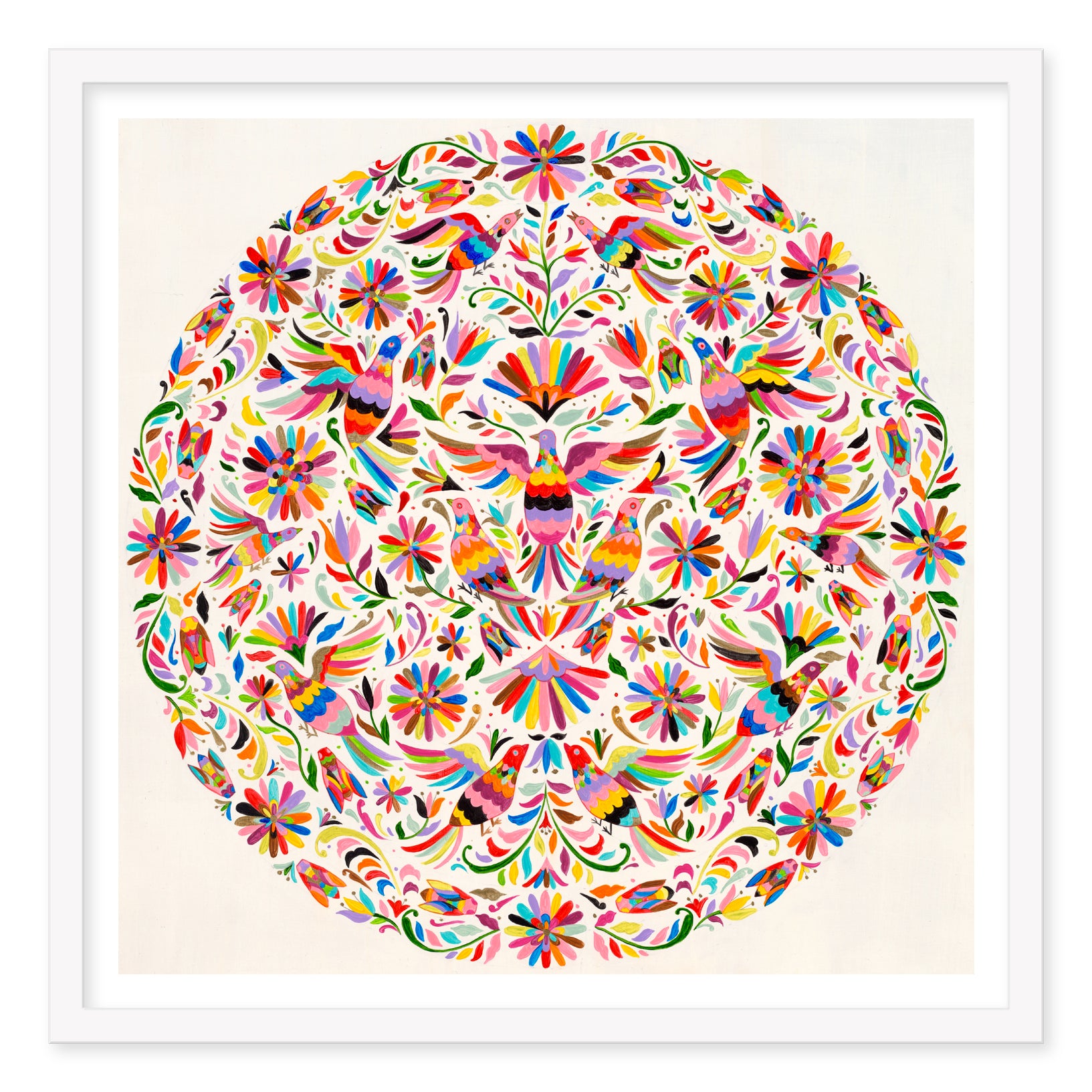 Pigeon Otomi" (Artist's Proof) by Sylvia Ji features vibrant, symmetrical floral and leaf patterns in red, orange, pink, yellow, green, blue, and purple on white archival watercolor paper.