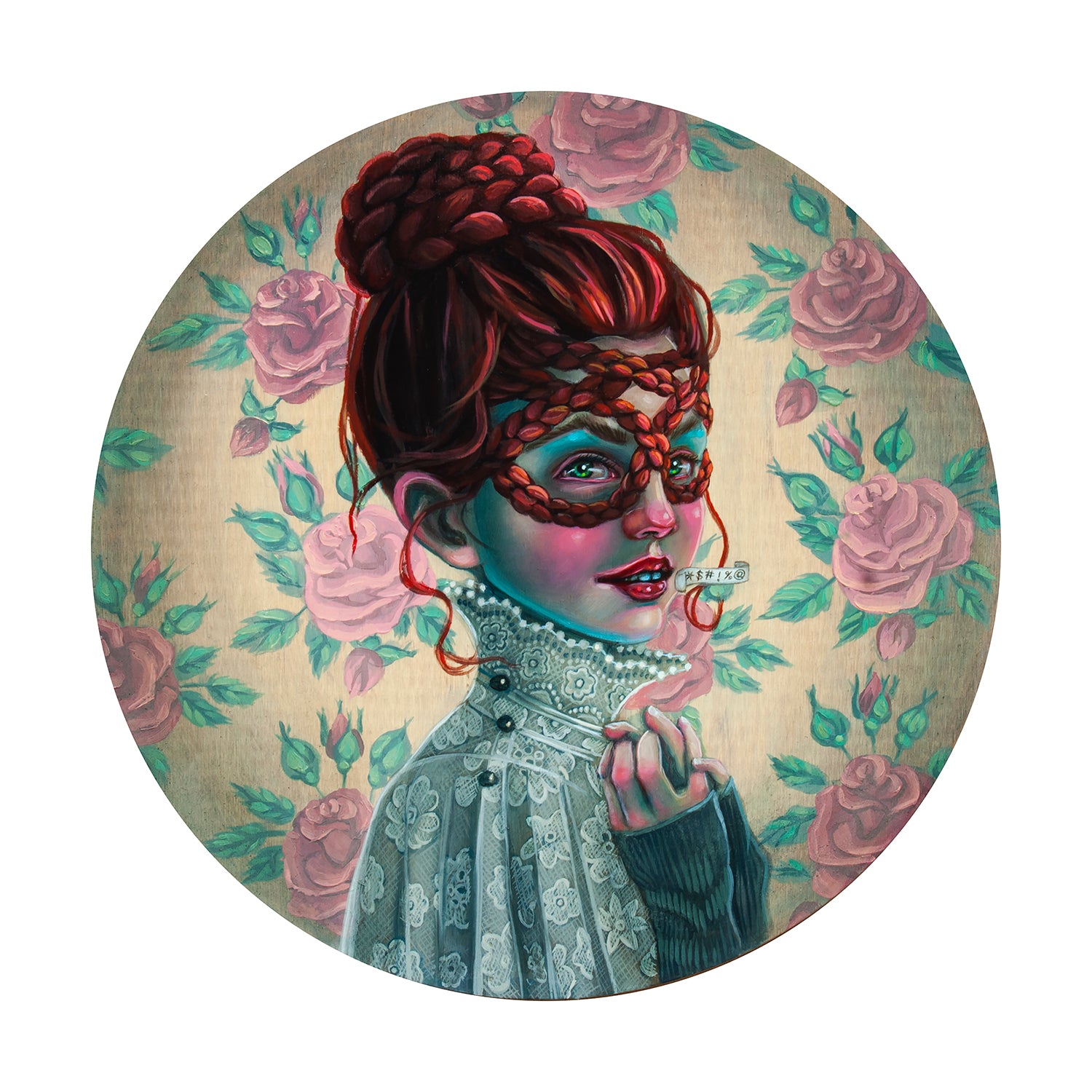 Lori Nelsons Profanatine features a woman with red hair in an ornate updo, wearing a lace mask and high-necked dress. The circular background showcases pink roses and green leaves on beige. Available as an archival pigment print, signed and numbered in an edition of 40.