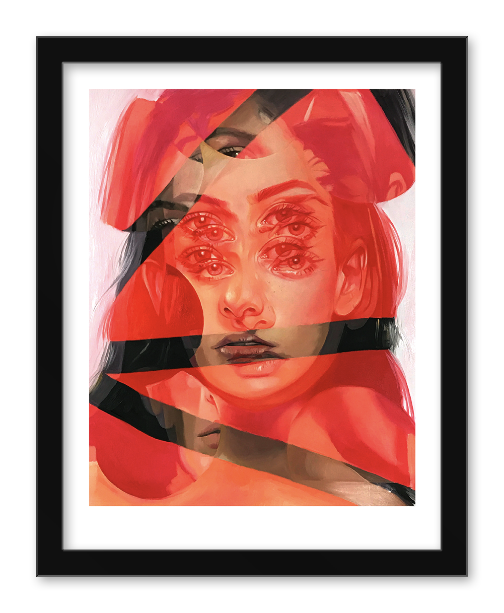 The framed abstract painting Red Cell by Alex Garant presents a womans face with repeated eyes and lips. Dominated by red and pink, the vibrant work is enhanced by black, creating a dreamlike quality reminiscent of an archival pigment print.