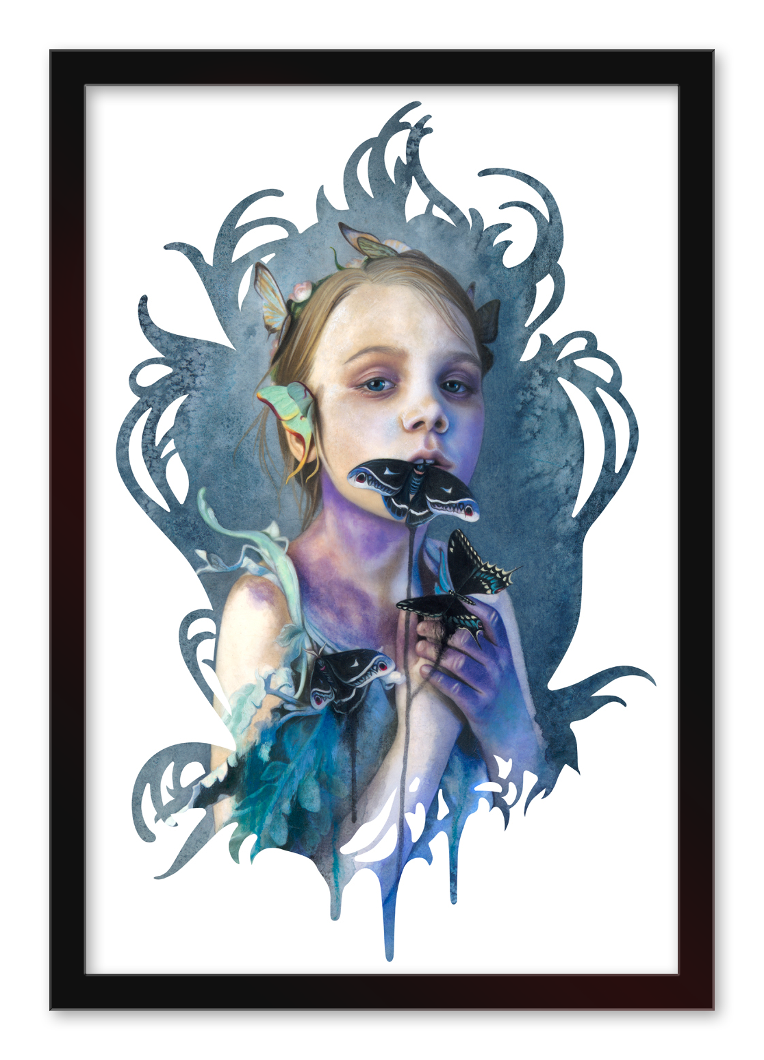 Words Unspoken by Redd Walitzki features a serene young girl with leaf-adorned hair, black butterflies in hand, surrounded by ornate blue and black swirls. The ethereal backdrop echoes Walitzkis paper butterfly sculptures.