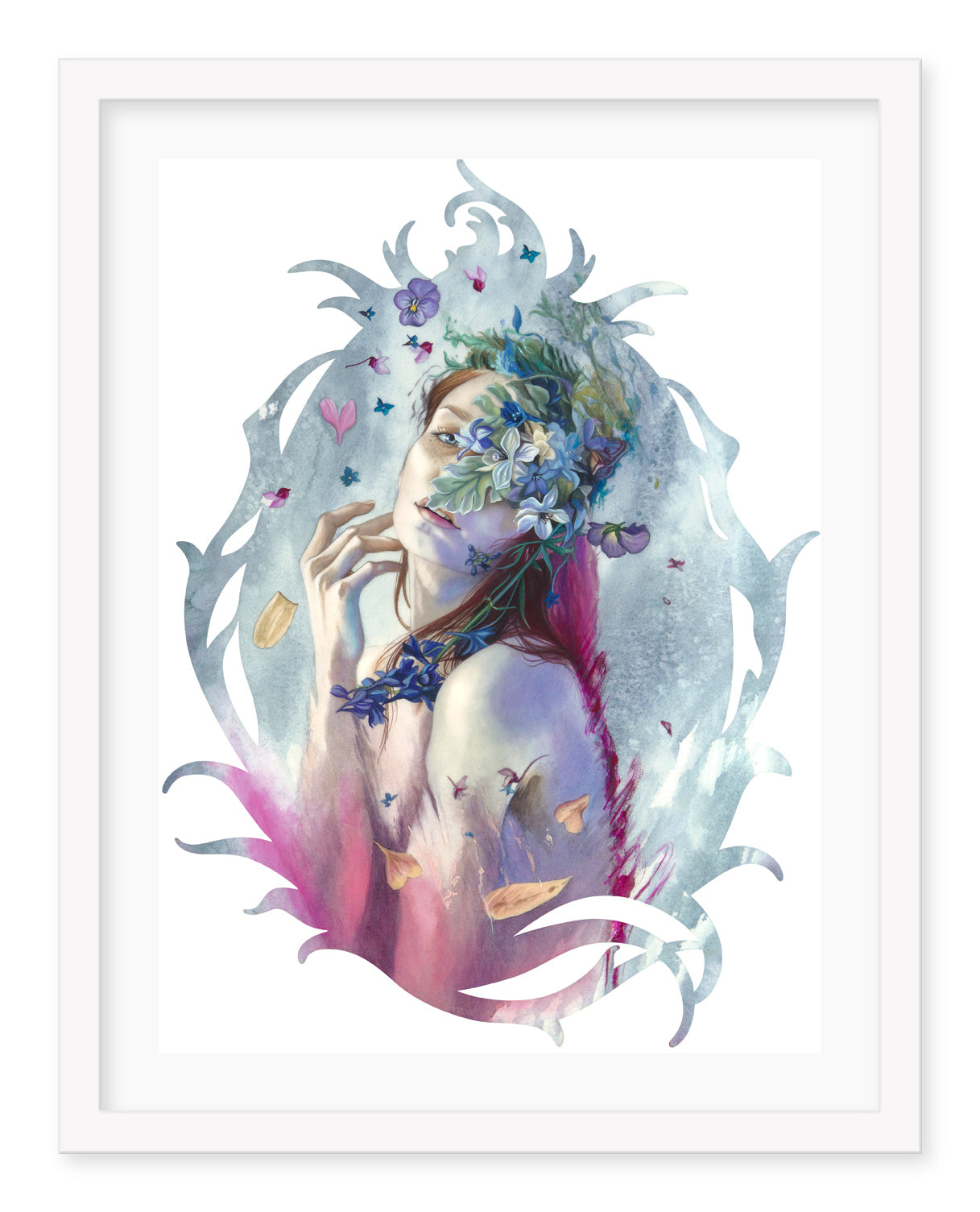 Veiled in Springtime by Redd Walitzki is a Limited Edition Archival Pigment Print depicting a woman veiled by flowers and leaves amidst butterflies. The ornate swirling frame enhances its ethereal, dreamlike quality.