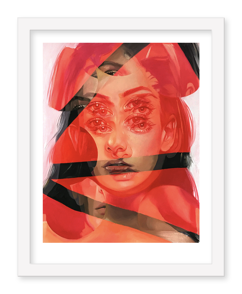 Red Cell, an Archival Pigment Print by Alex Garant, showcases a surreal portrait of a womans face with multiple eyes in vivid red and orange tones. It blends realistic features with abstract elements, all framed by a crisp white border for a dreamlike effect.