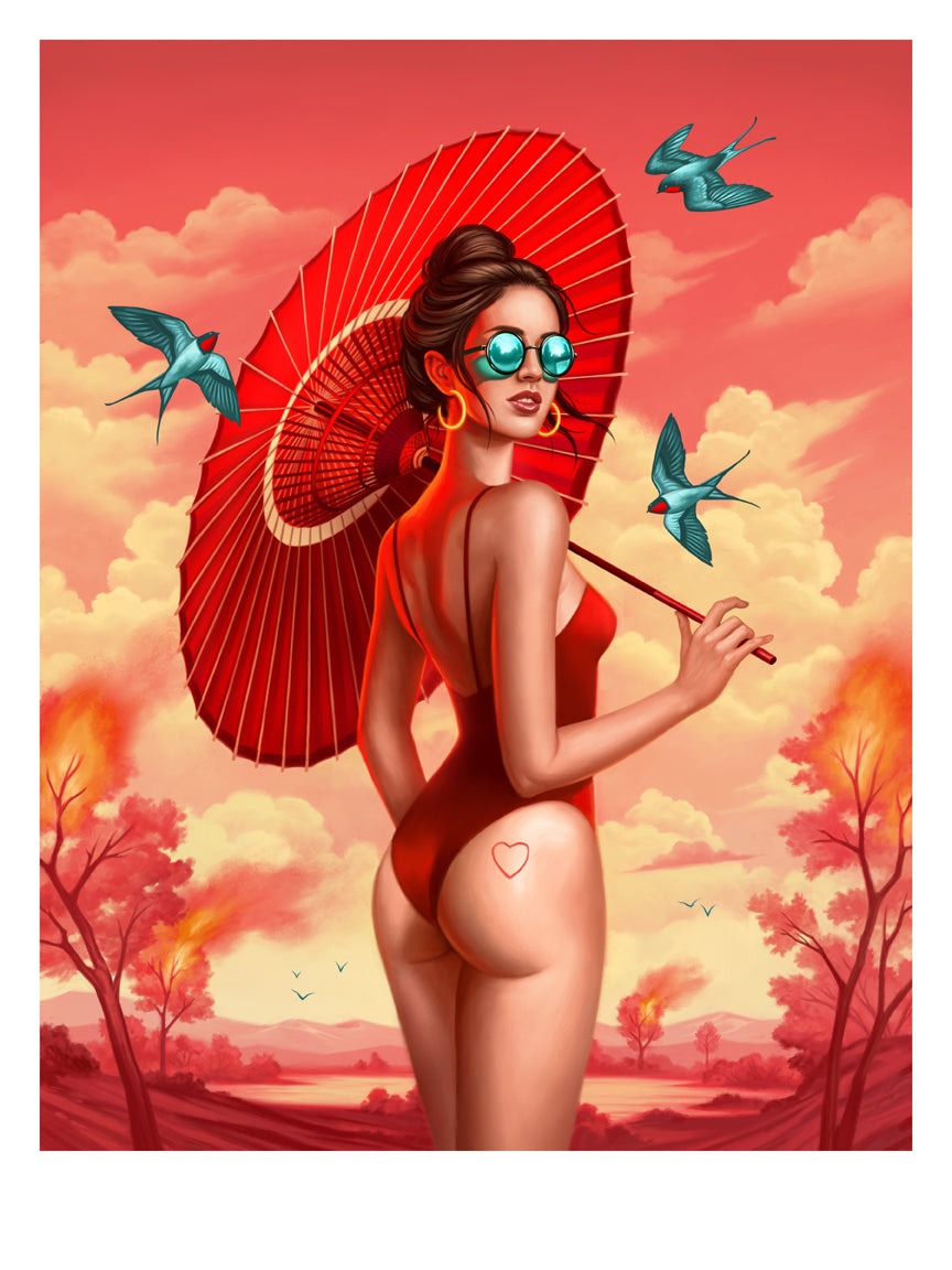 Malibu, an archival pigment print by Allison Reimold, portrays a woman in a red swimsuit with a parasol against an orange sky, echoing Malibus sunsets. She dons sunglasses and hoop earrings, surrounded by blue birds and stylized trees and hills.