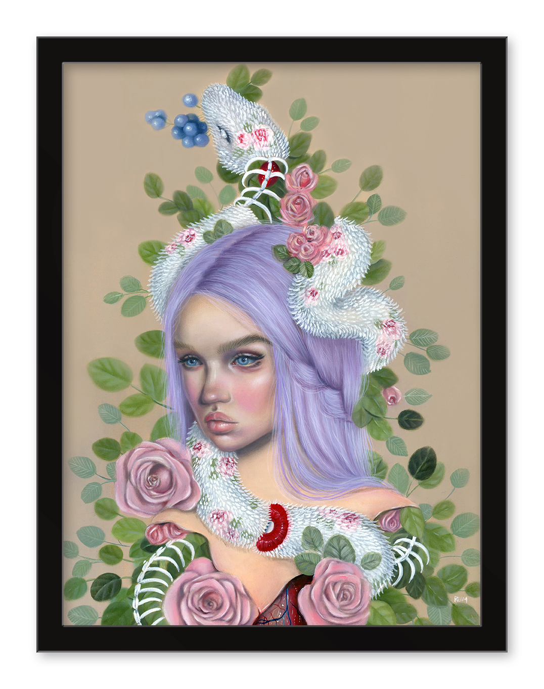 The RELM artwork Fade features a woman with lavender hair amidst pink roses and green leaves. A detailed white snake coils around her, enhancing the mystique. Available as an Edition 30 Archival Pigment Print, it showcases a soft beige background.