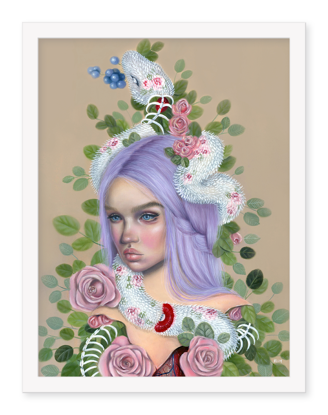 Fade, an artwork by RELM, depicts a woman with long lavender hair surrounded by roses and green leaves, with a snake coiled around her head and shoulders. This Archival Pigment Print features a serene yet mysterious expression against a muted beige background.