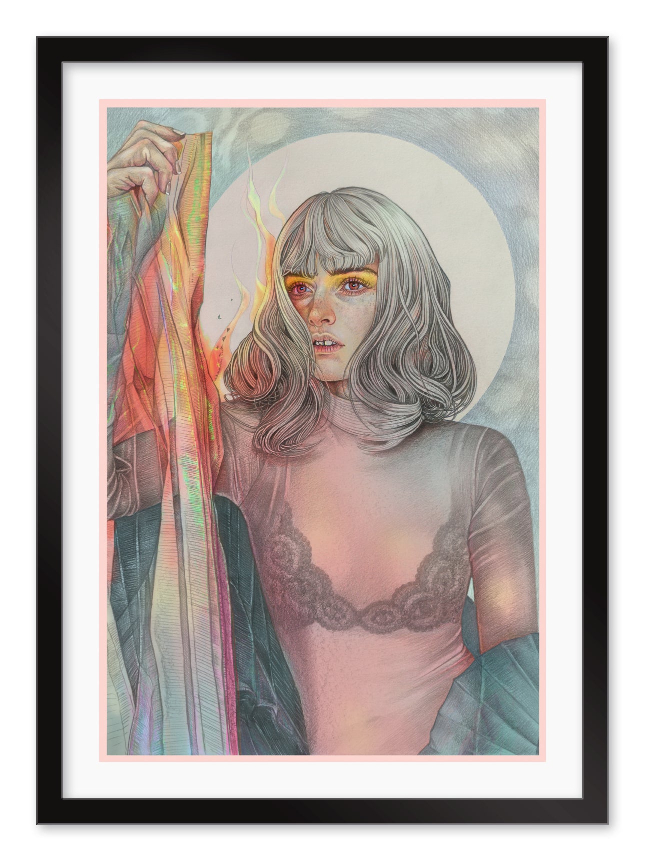Resonate by Martine Johanna depicts a woman with wavy hair in a semi-transparent top, holding a glowing scarf. A luminous halo graces the Archival Pigment Print, framed in black against soft pastel tones and ethereal lighting.