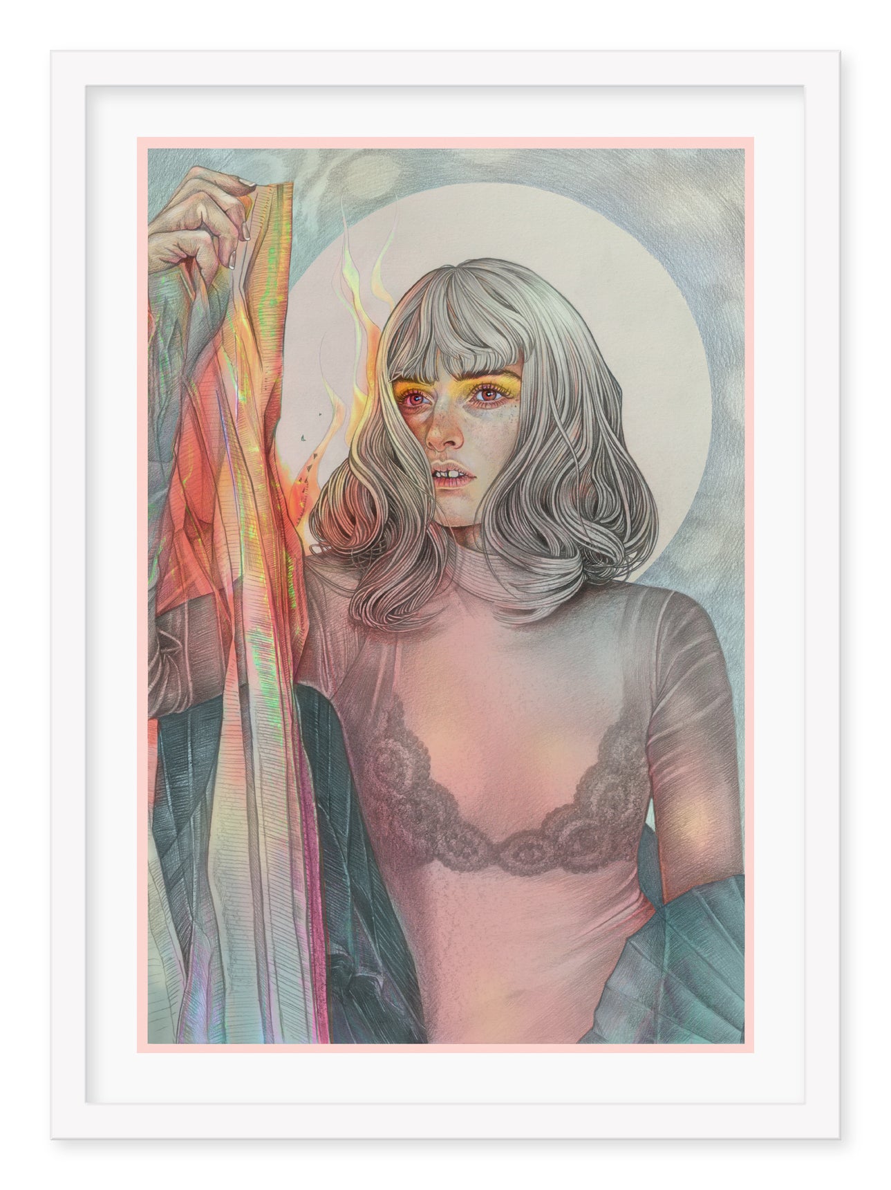 Resonate by Martine Johanna features a person with shoulder-length hair and fiery eyes, holding a colorful fabric. A bright circle illuminates the background, emphasizing their thoughtful expression in this archival pigment print that blends soft pastels for a dreamlike effect.