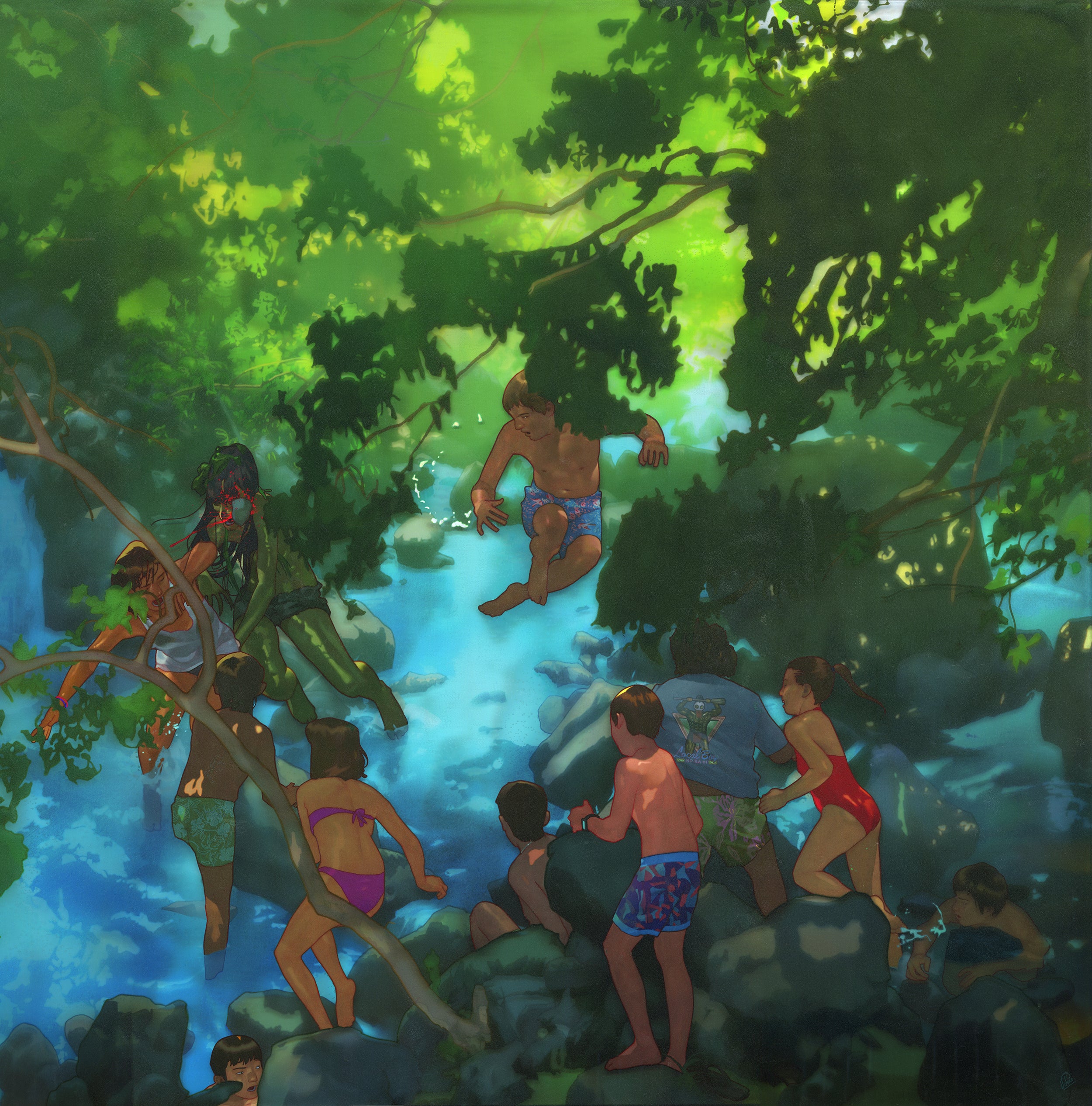 In the archival pigment print titled You Have the Rest of Your Life to Figure Out the Consequences... by Edwin Ushiro, children play and splash in a sunlit forest stream. Some sit on rocks while others wade in the water beneath dappled sunlight filtering through a lush green canopy.