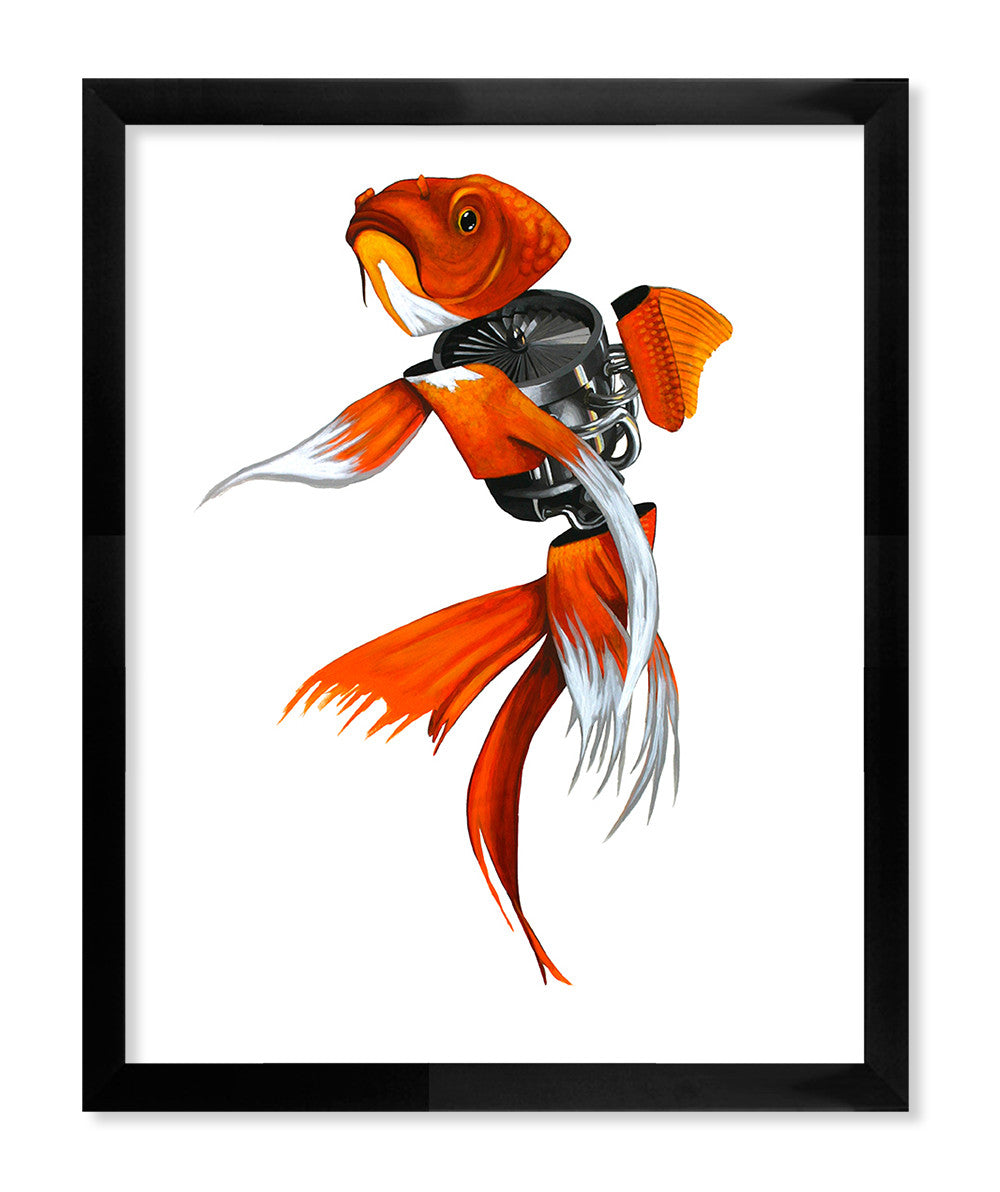 Golden, a fine art giclee by Robert Bowen, is a limited edition piece featuring a goldfish with mechanical parts. It blends natural and industrial elements, framed in black wood against a white backdrop.