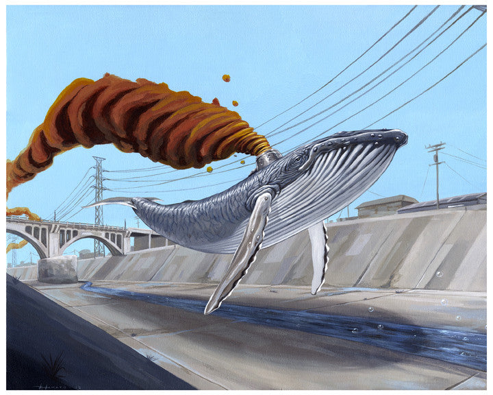 A whale swims through an urban canal in Roland Tamayos Flow, a fine art giclee print. With a smokestack on its back and clear blue skies, this hand-numbered edition captures the surreal fusion of nature and industry.