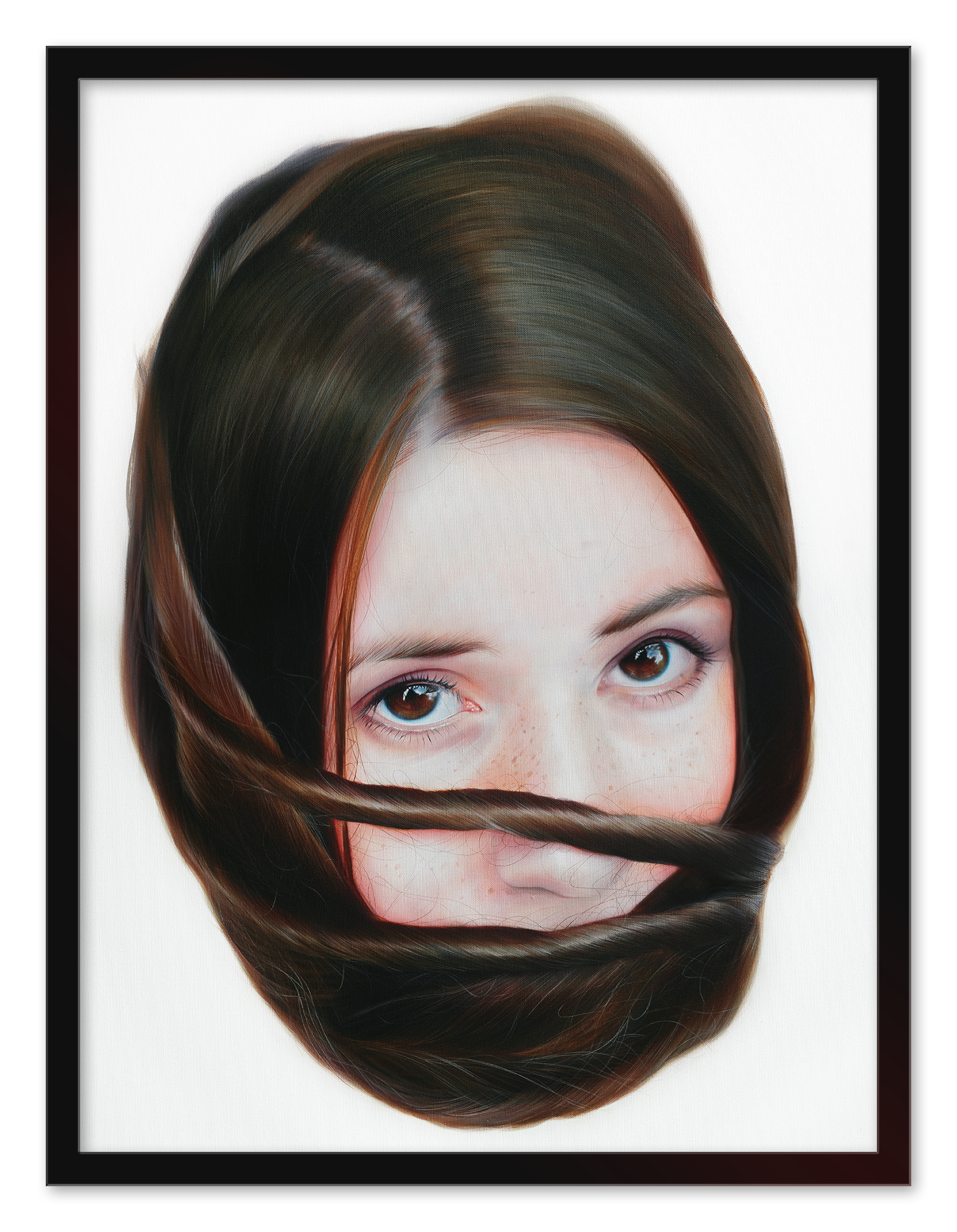 The limited edition Storytellers XV by Roos van der Vliet is a beautiful archival pigment print depicting a girl with long brown hair wrapped around her head, light skin, and freckles, set against a plain white background.