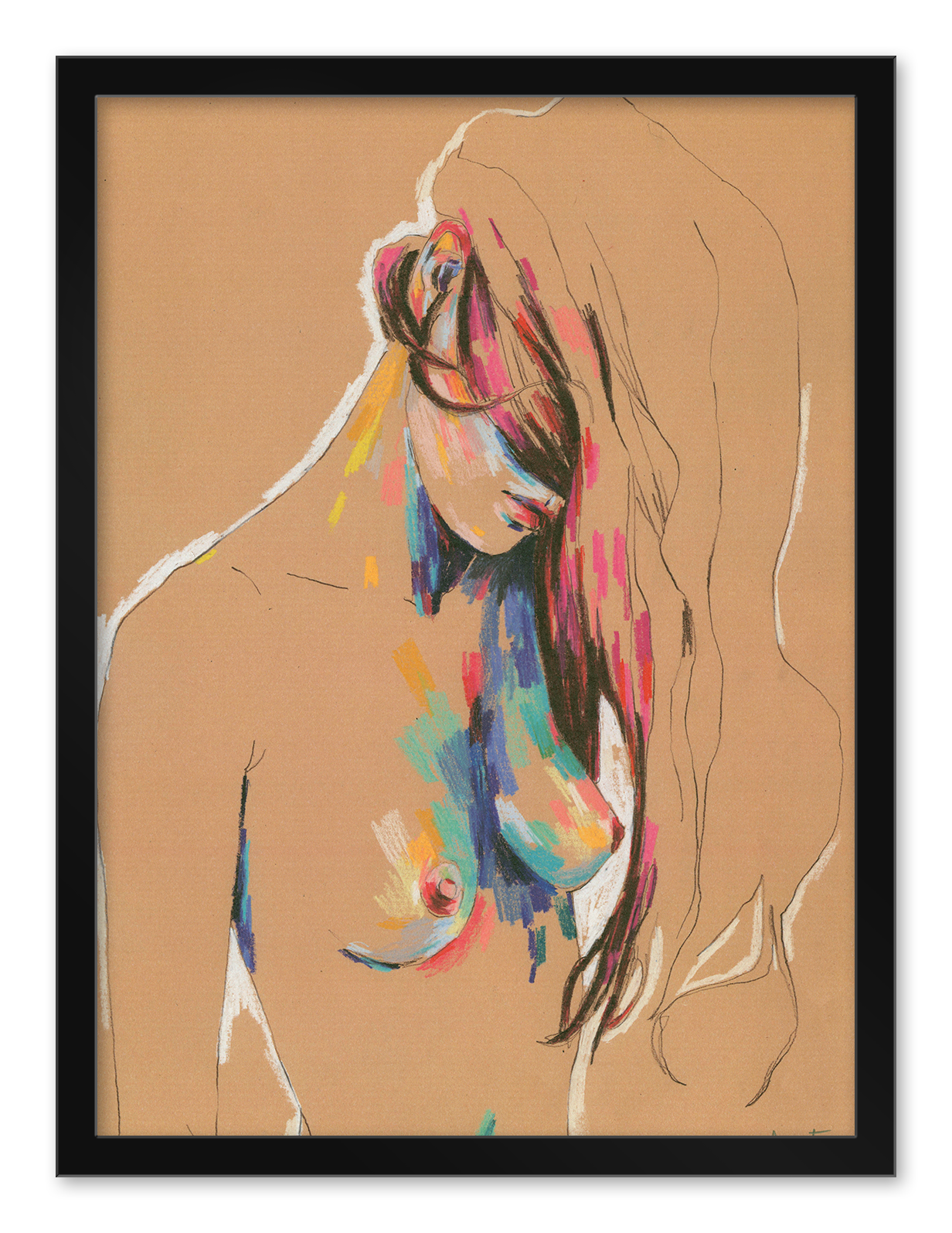 The Muse 831 by Conrad Roset is an abstract painting of a woman in profile, with colorful brushstrokes in pink, blue, yellow, and white over a neutral background. Her cascading hair partially obscures her face, adding to its dynamic appearance.