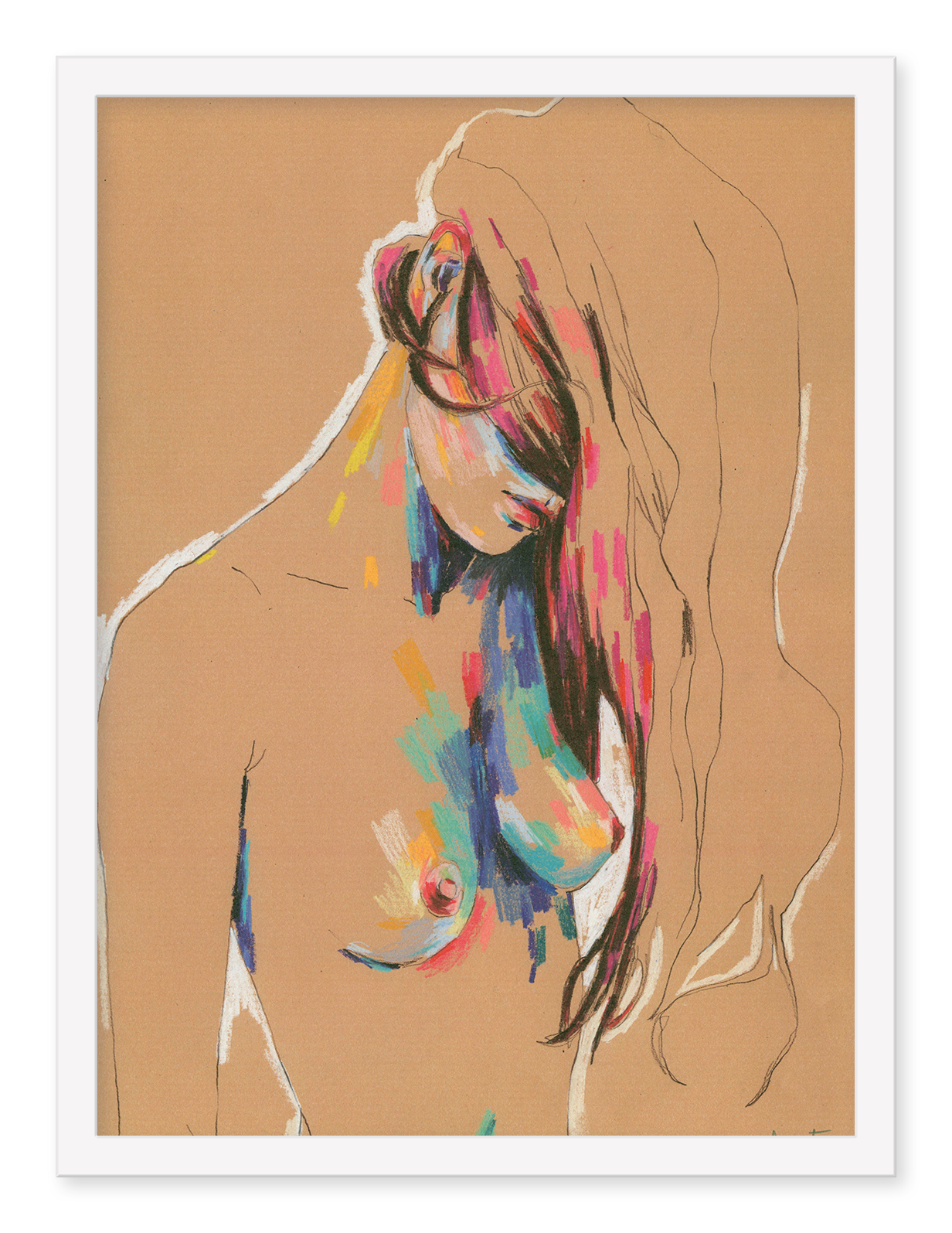 An archival pigment print titled Muse 831 by Conrad Roset, featuring a stylized illustration of a long-haired person with colorful abstract brush strokes on their skin against a beige background, and the figures head tilting downward to the left to highlight vivid contours.