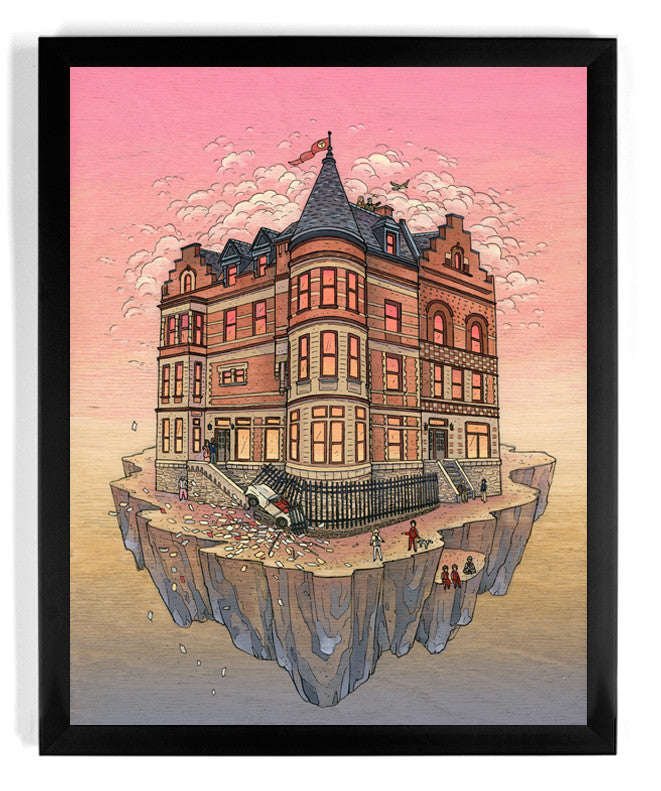The Rough Year limited edition by Nicole Gustafsson depicts a Victorian building on a rocky island against a pink sunset, with small figures and a car nearby amidst clouds. This fine art giclee print is framed in black.